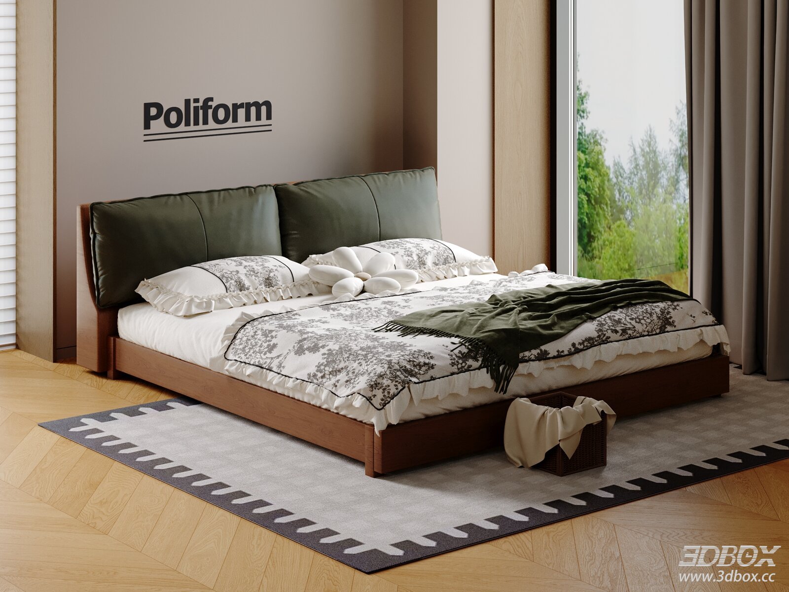 Modern Mid Century Double Bed with Leather Headboard