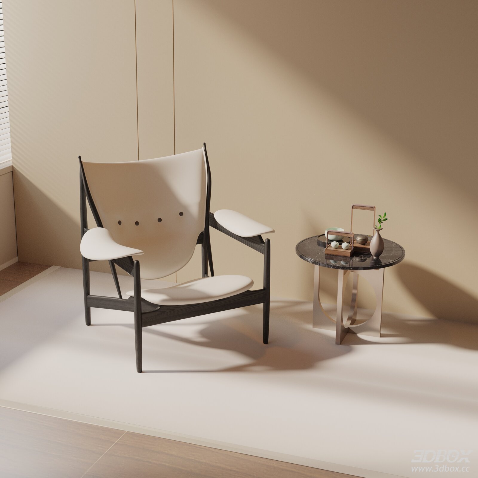Modern Minimalist Leather Armchair with Marble Side Table