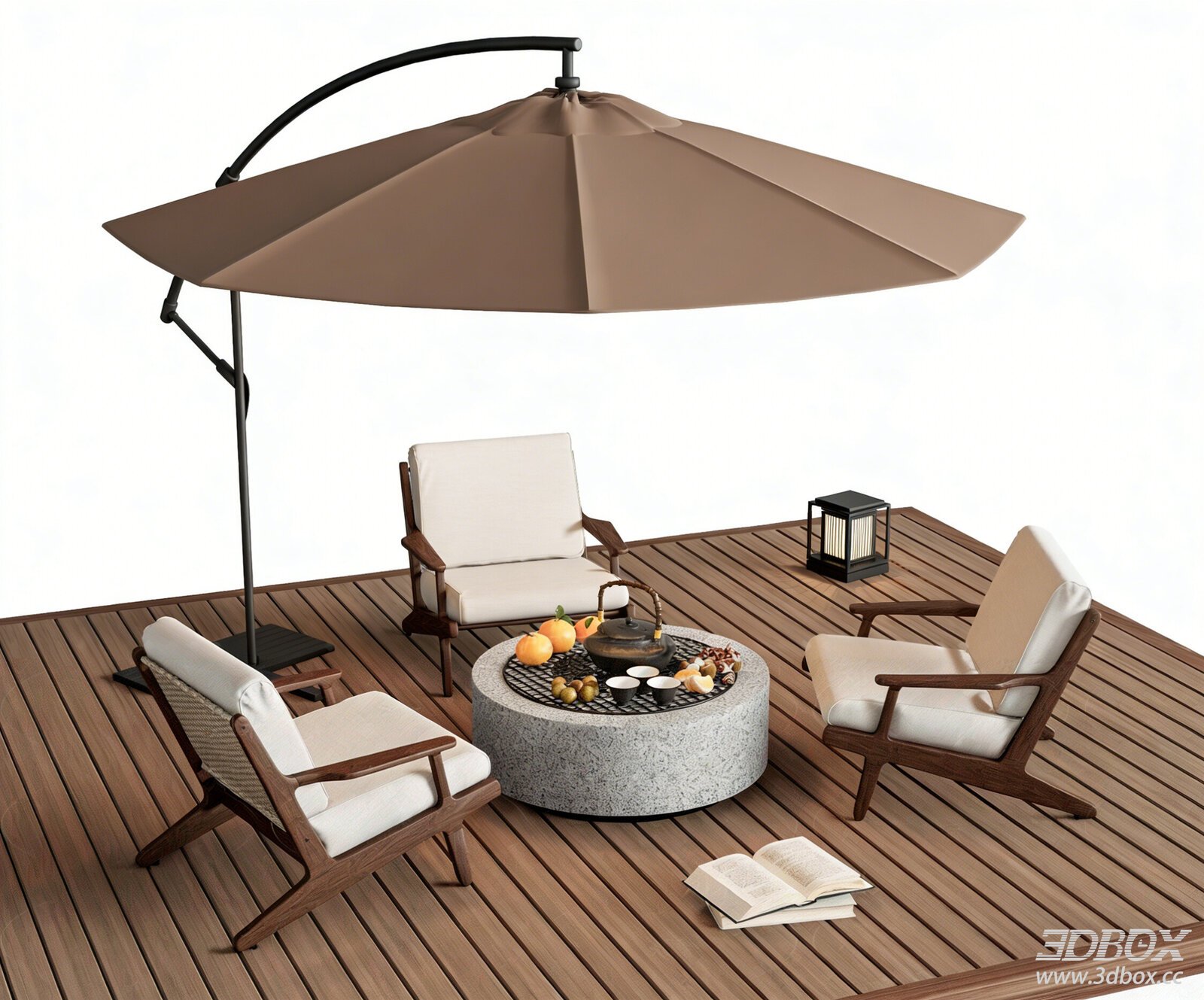 Modern Outdoor Patio Leisure Set with Parasol and Fire Pit Table