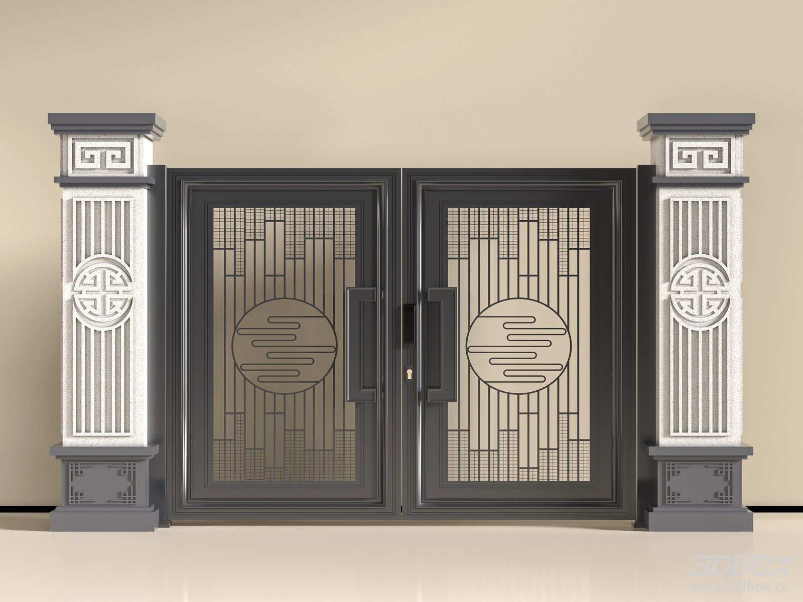 New Chinese Style Courtyard Double Door with Stone Pillars