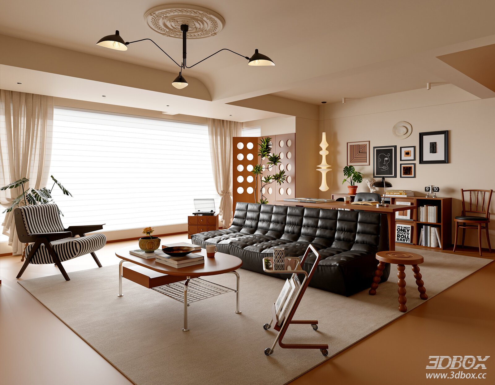 Modern Mid-Century Living Room with Sofa Coffee Table Workstation