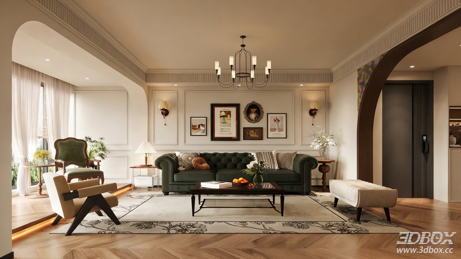 American Retro Open Living Room with Dining Kitchen Interior