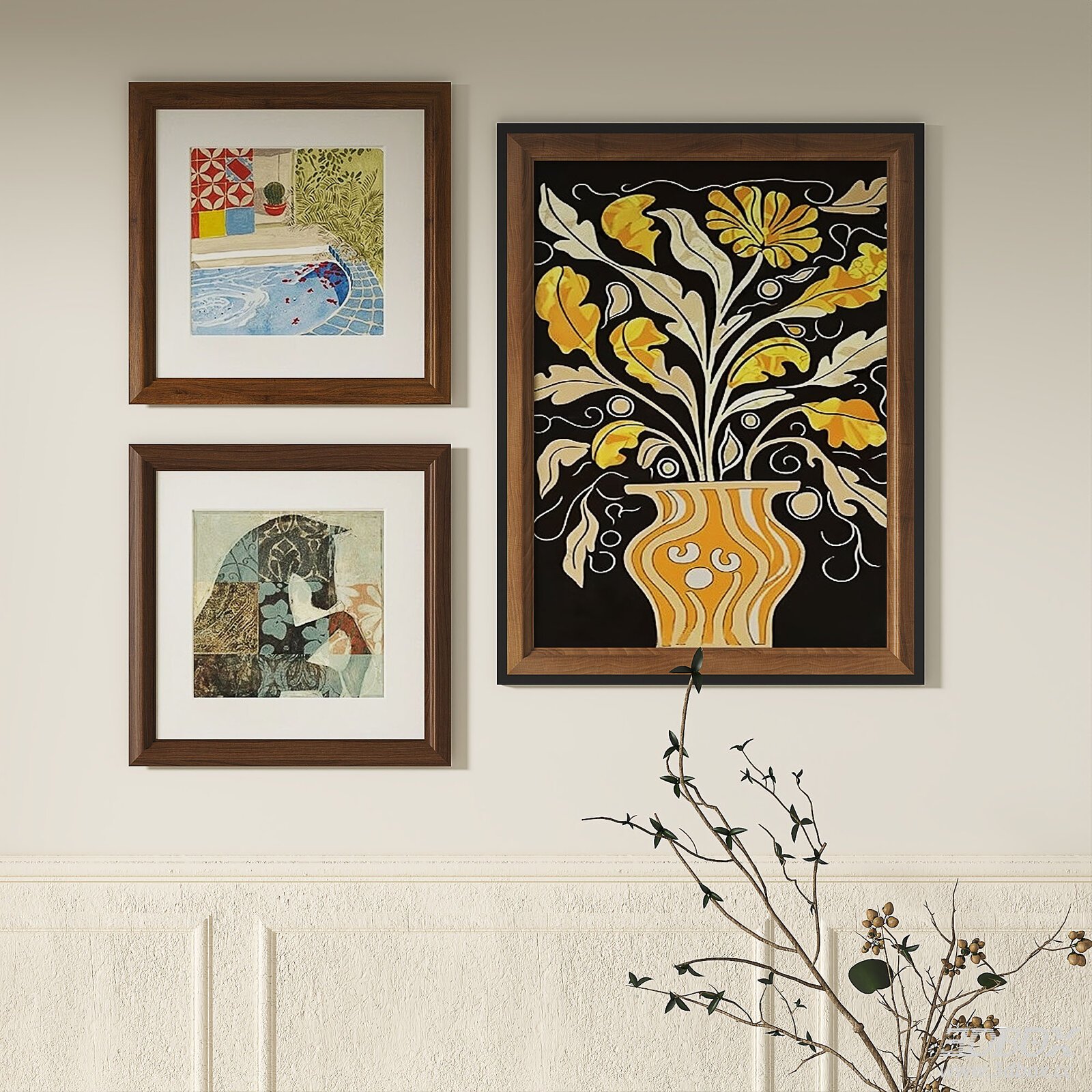 Retro Abstract Framed Wall Art Set, Light Luxury Wooden Picture Frames