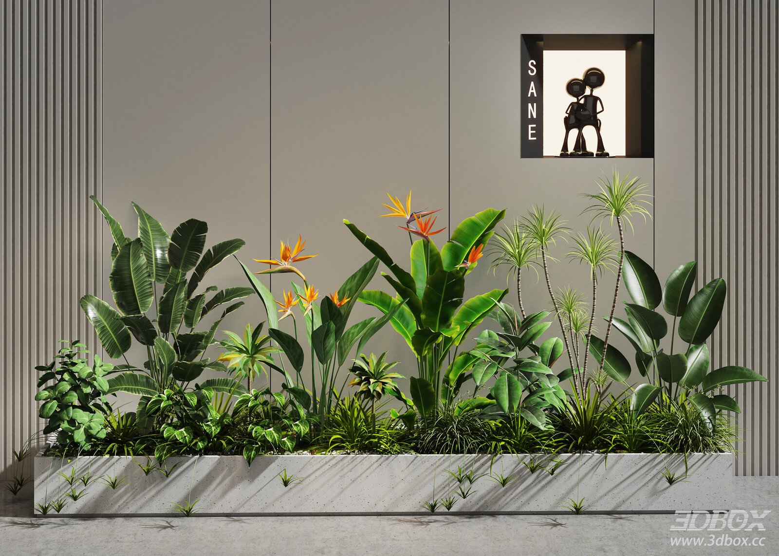 Indoor Tropical Plant Arrangement with Concrete Planter