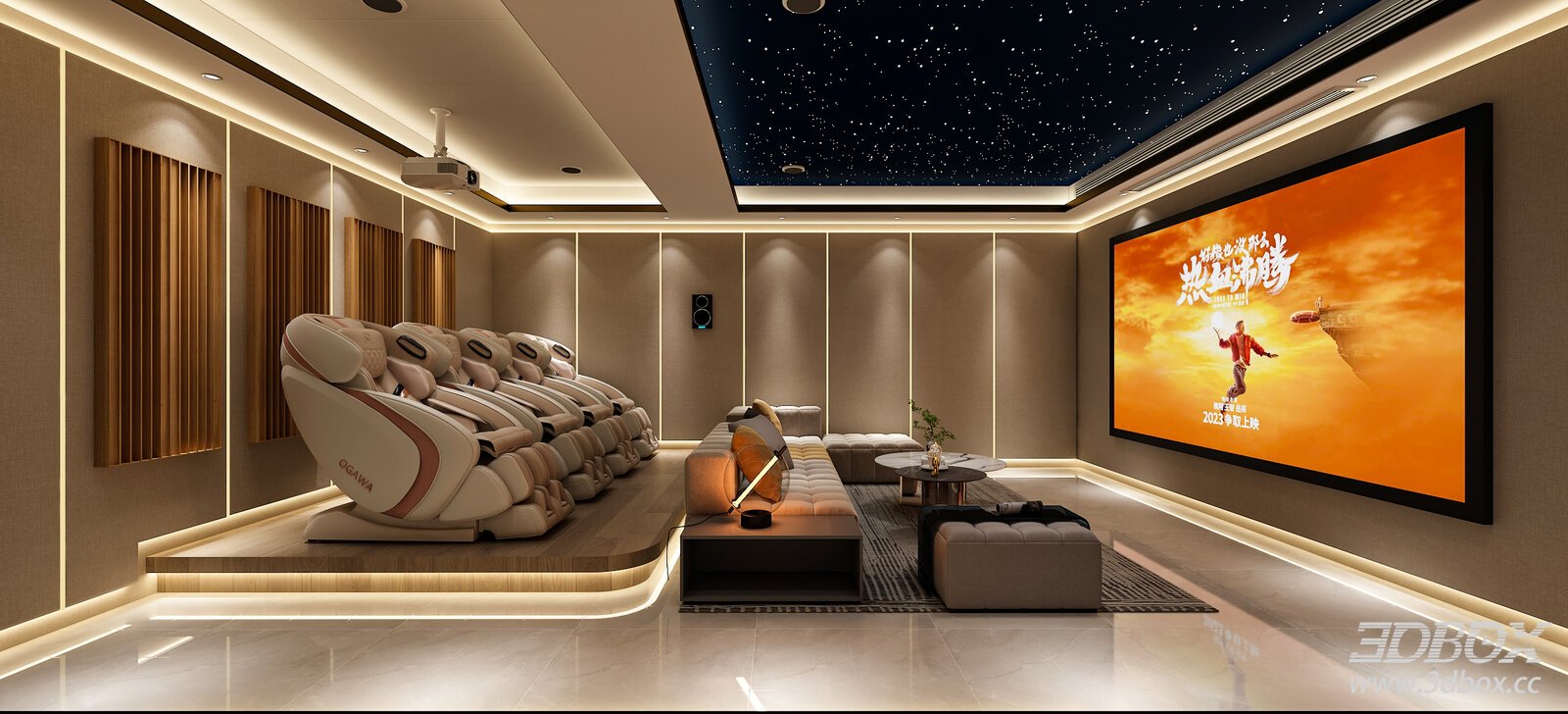 Modern Luxury Home Cinema Room with Recliner Sofas and Starry Ceiling