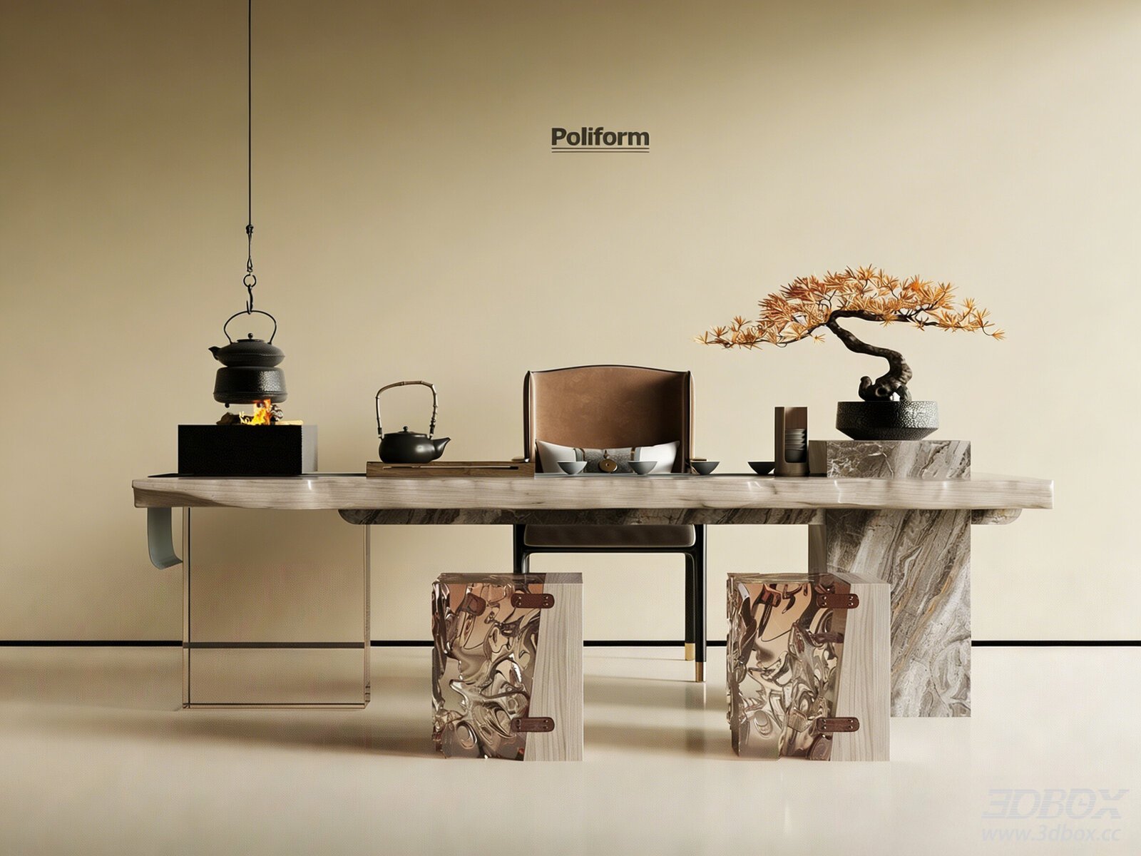Modern Marble Tea Table Set with Tea Utensils and Bonsai