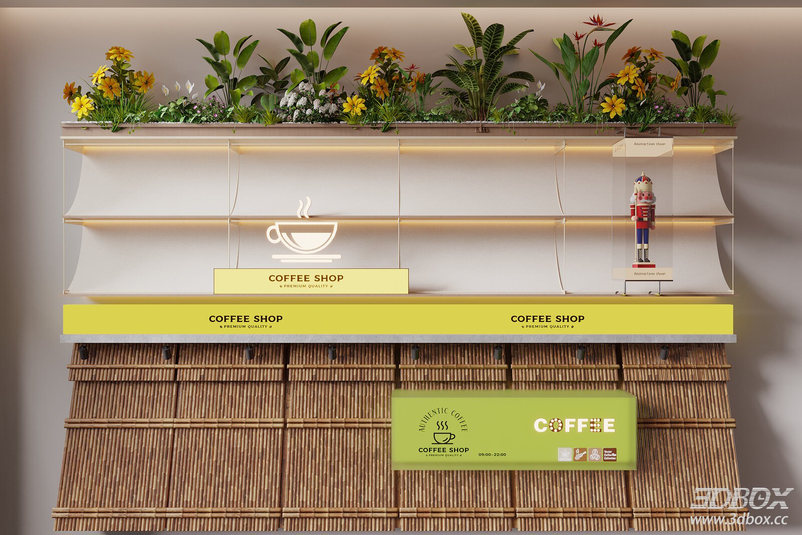 Modern Coffee Shop Facade With Illuminated Signage and Plants