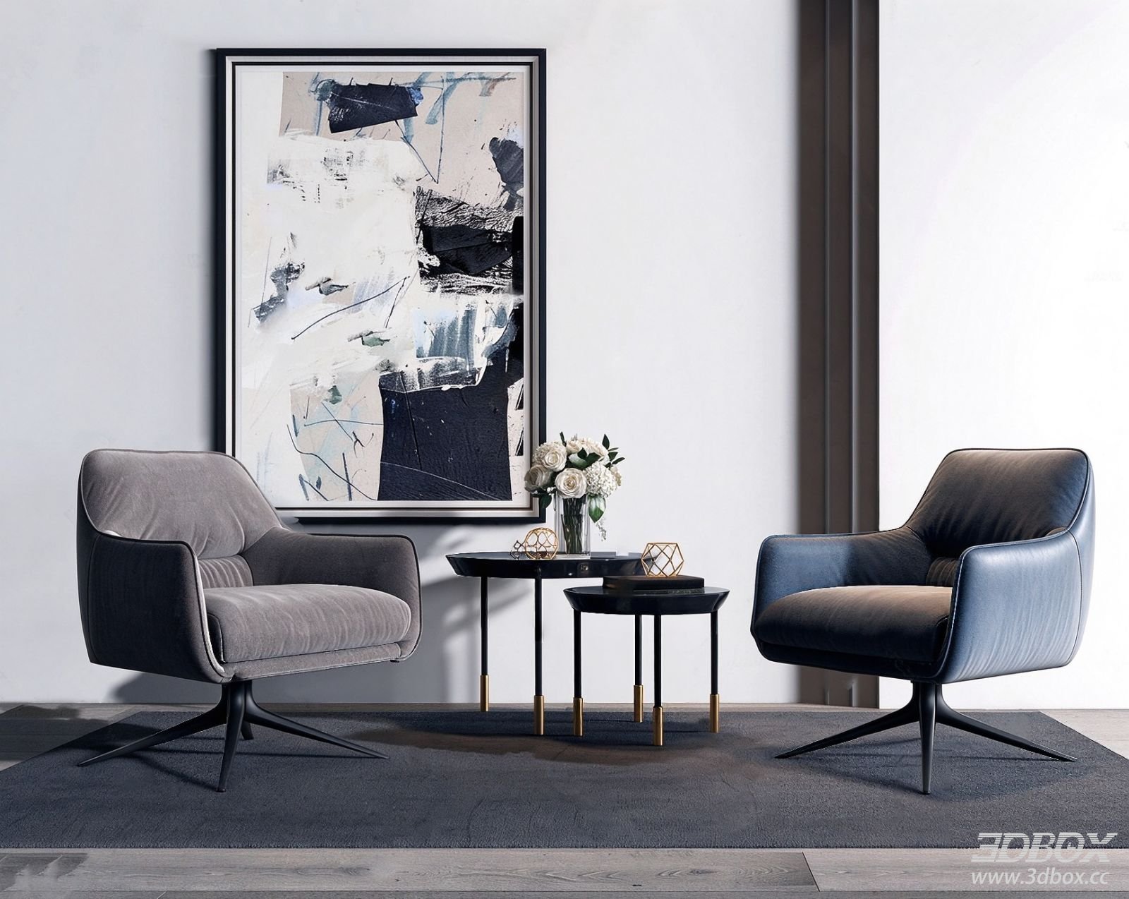 Modern Fabric Leather Armchairs with Nesting Side Tables Set
