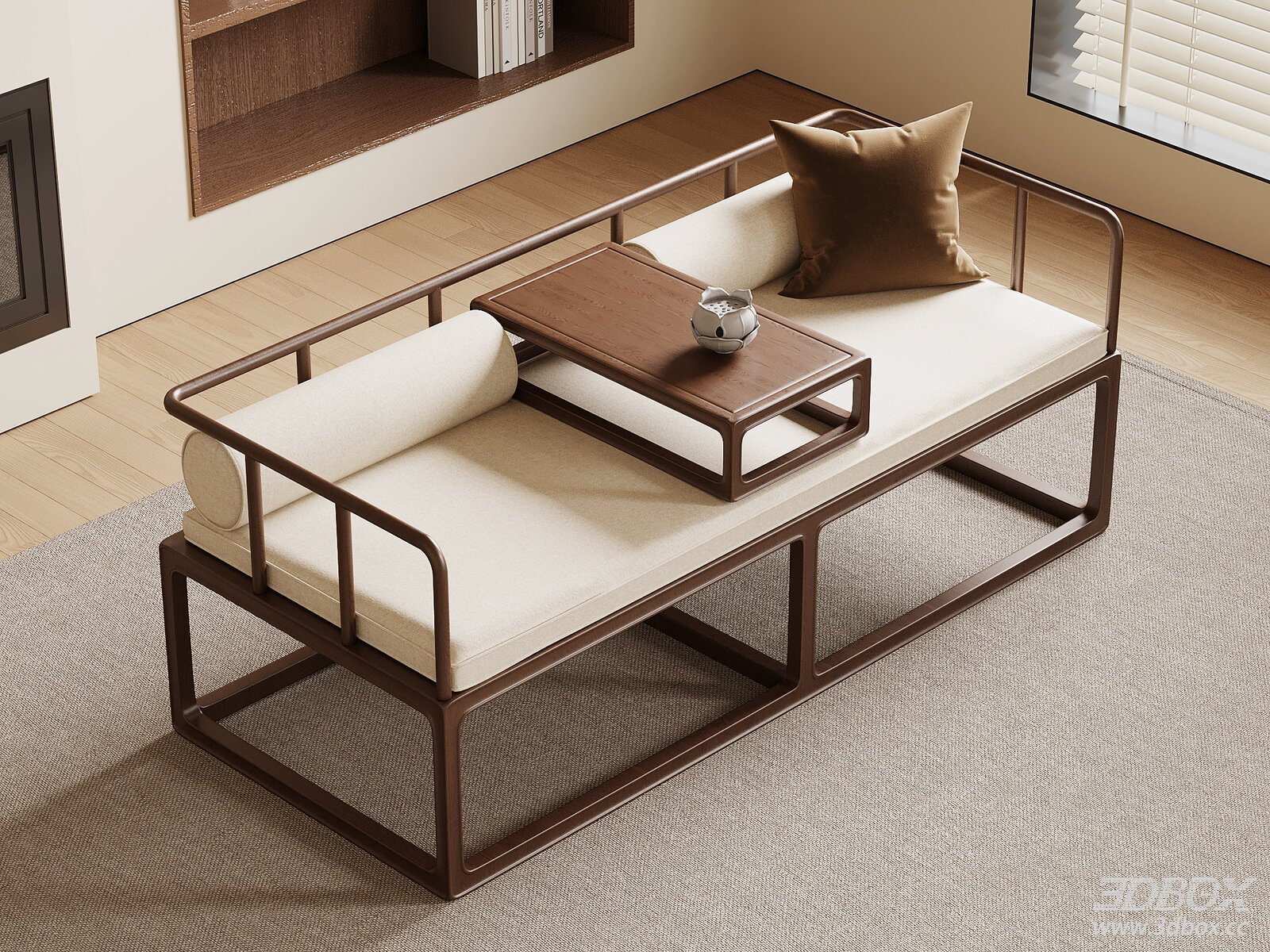 New Chinese Style Solid Wood Daybed Sofa with Tea Table