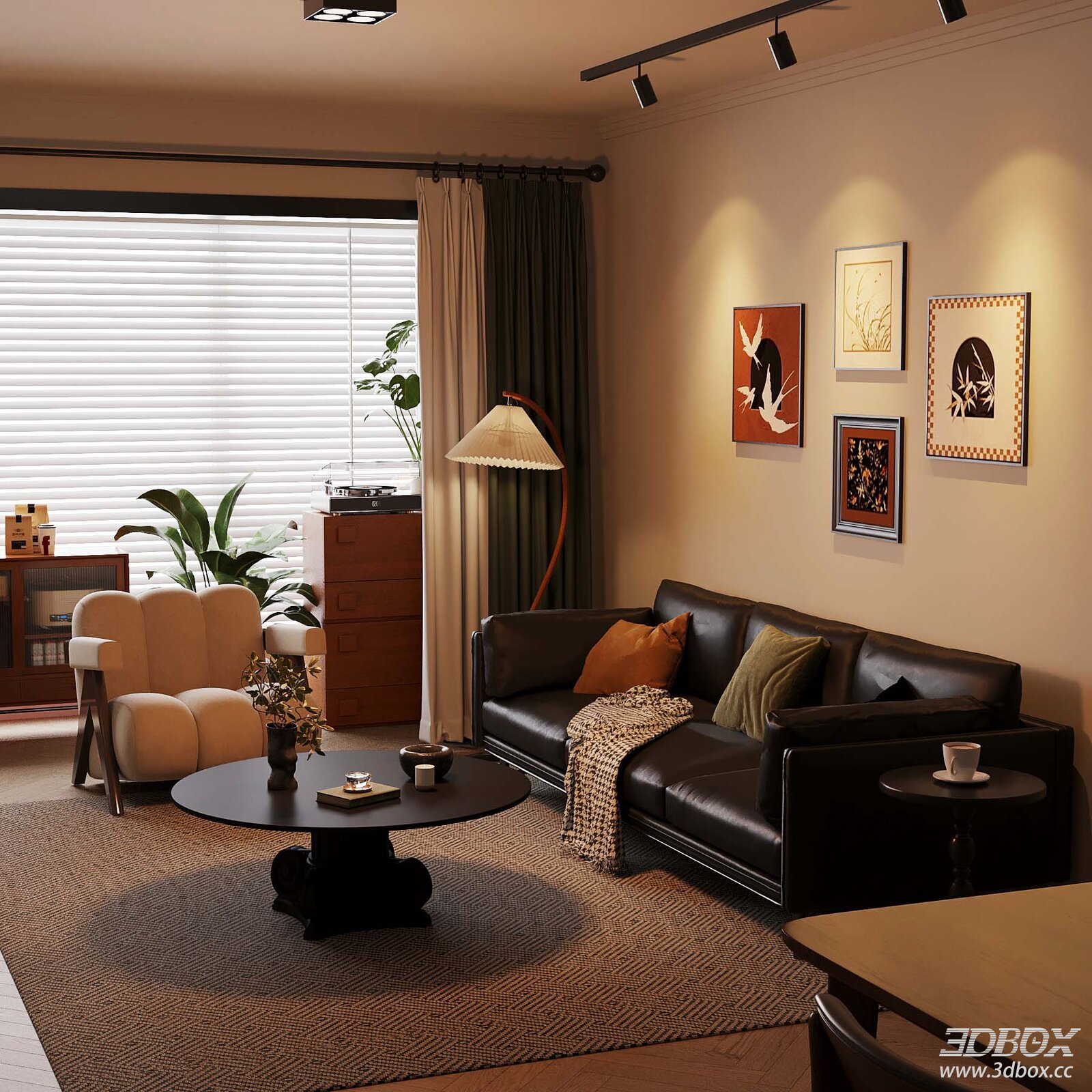 French Vintage Mid-century Modern Living Room with Leather Sofa