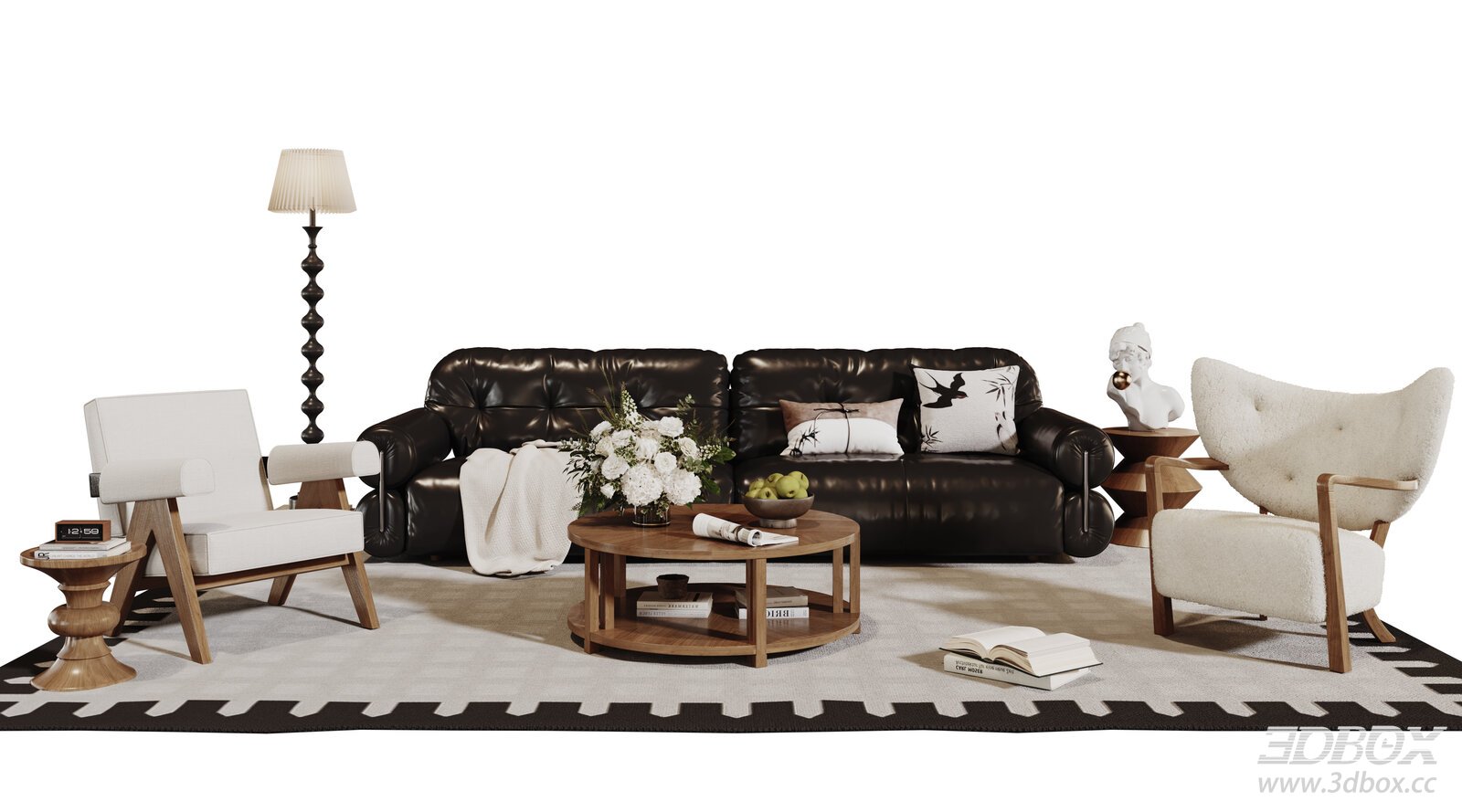 French Vintage Black Leather Sofa Set with Armchairs and Coffee Table