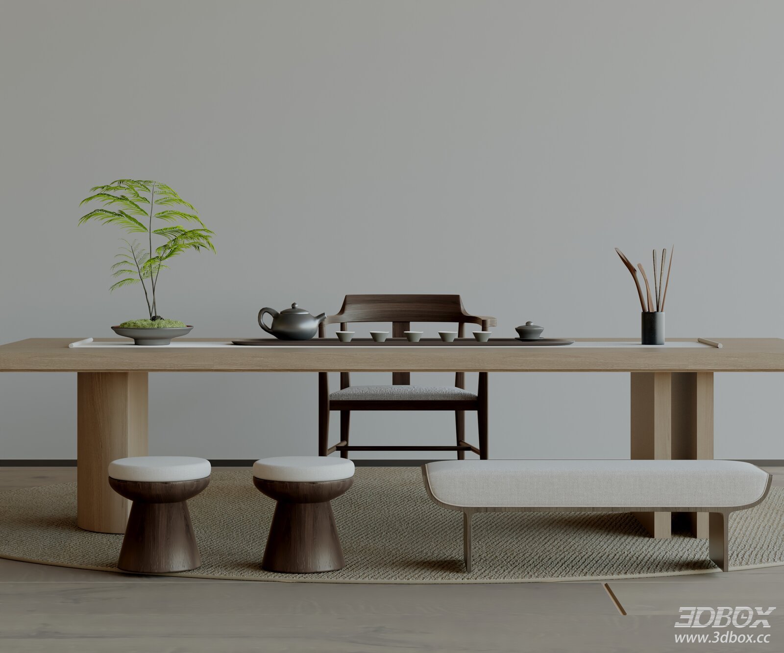 Modern Minimalist Tea Room Scene with Wooden Tea Table