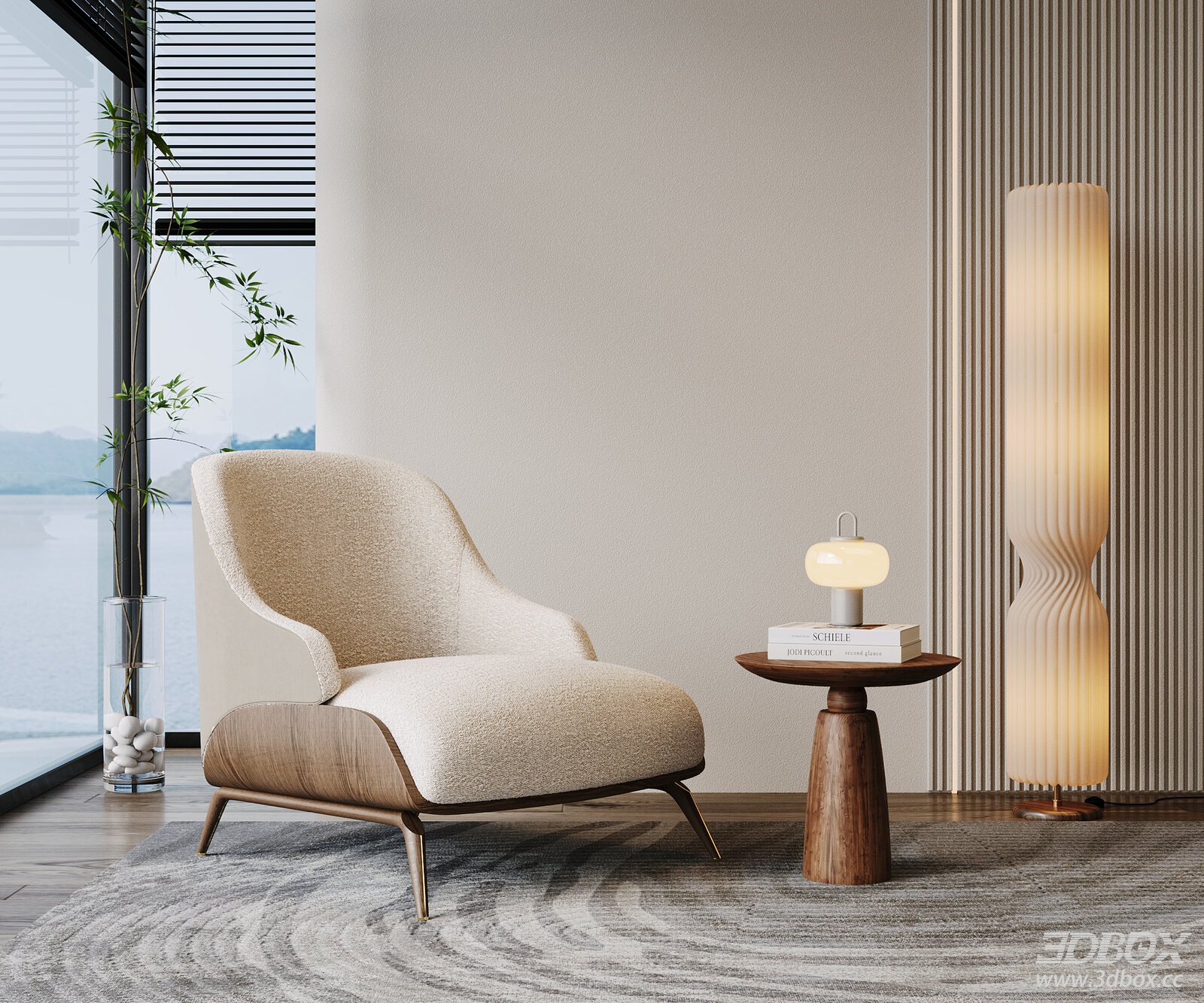 Modern Boucle Fabric Single Lounge Armchair with Wooden Base