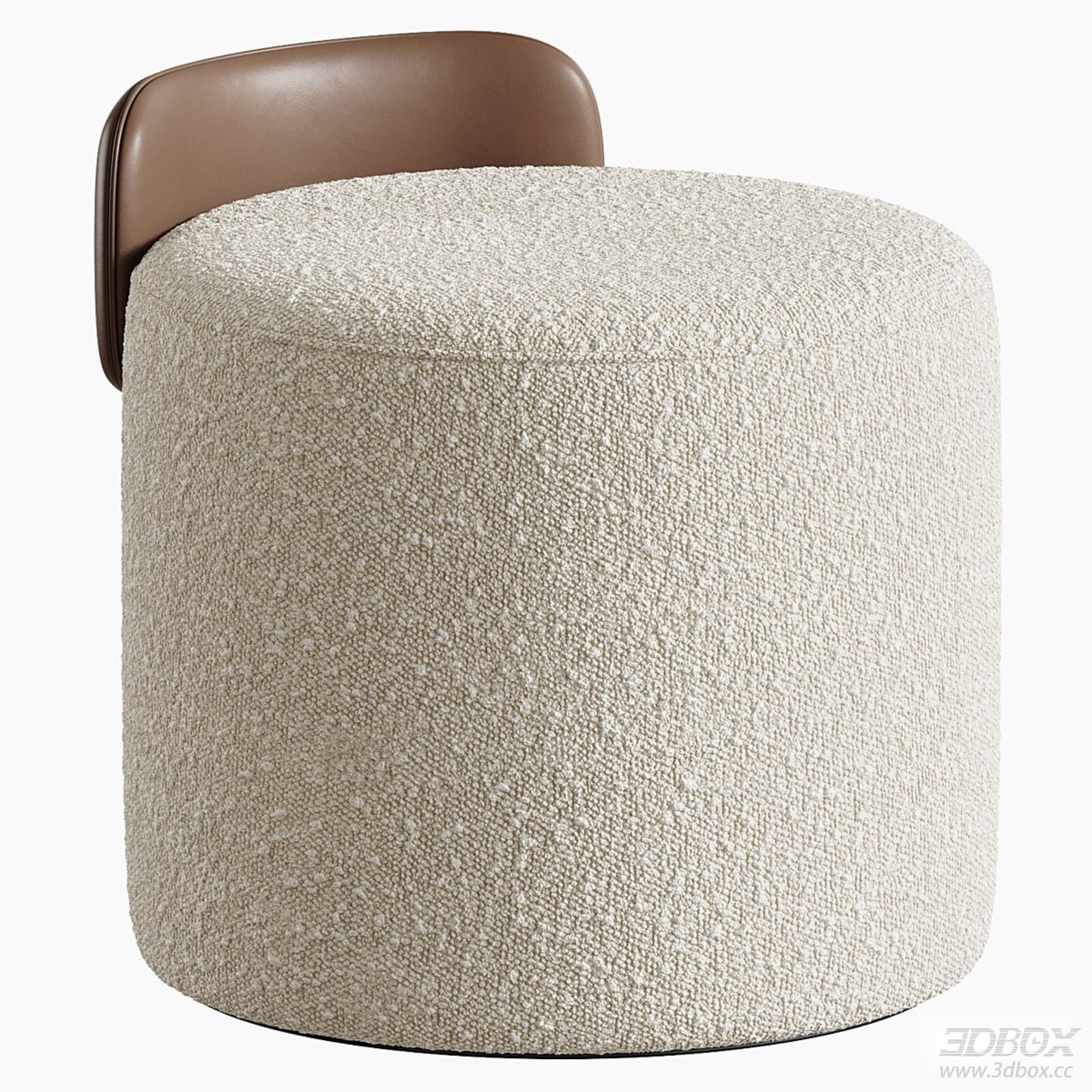 Modern Round Boucle Pouf with Leather Backrest