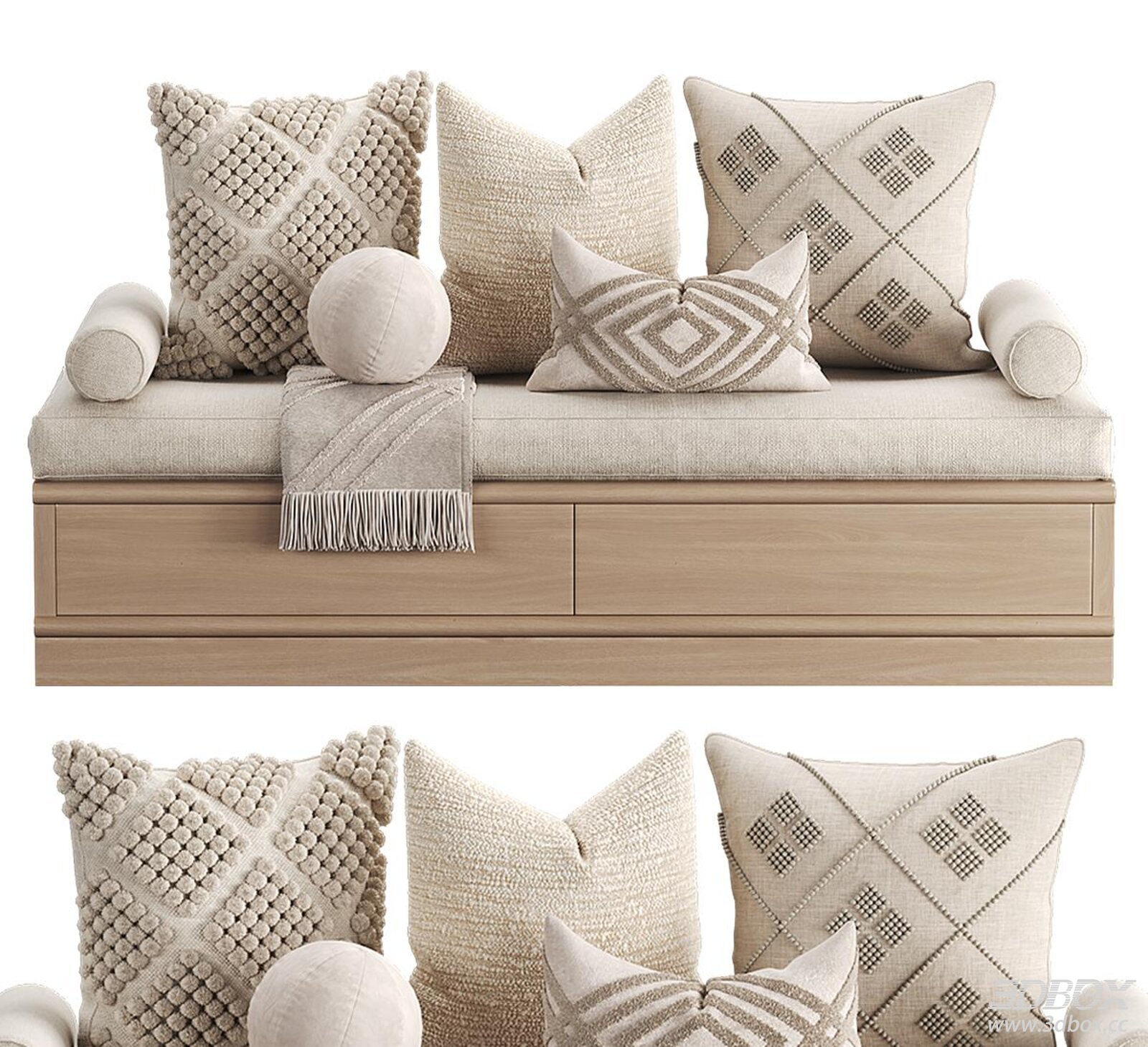 Modern Beige Fabric Window Seat Cushion Pillow Set