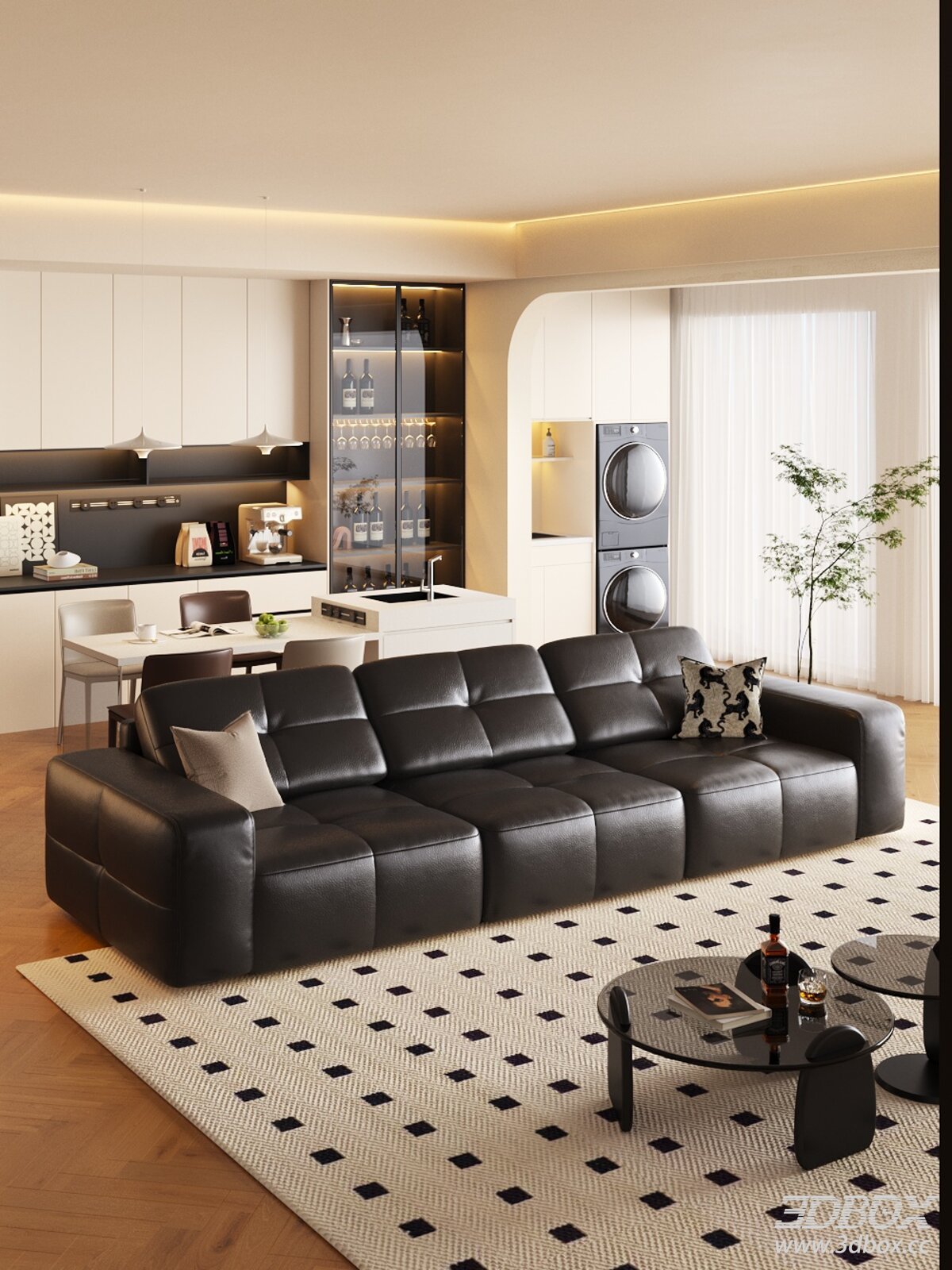 Modern Minimalist Living Room With Leather Sofa And Open Kitchen