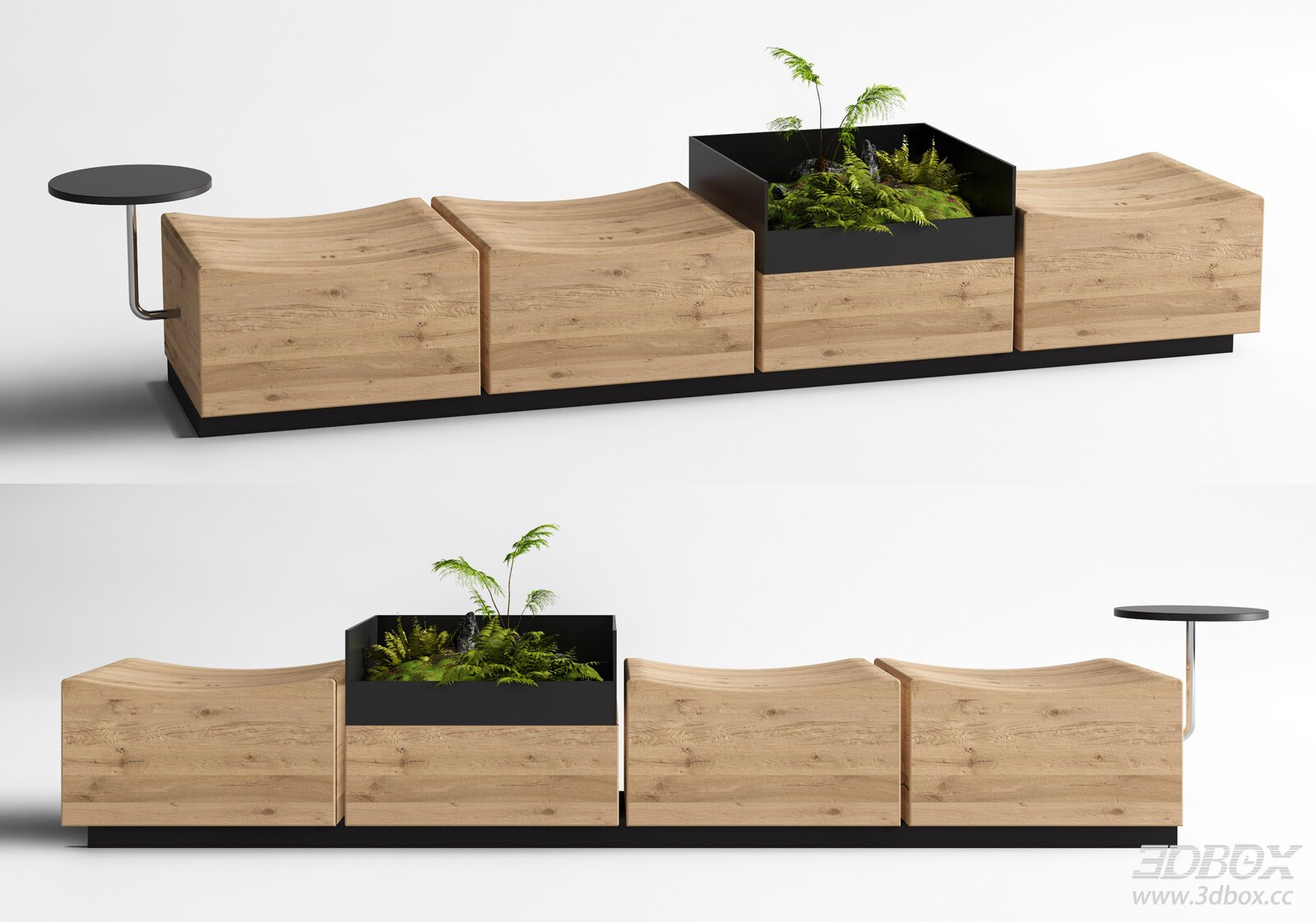 Modular Wooden Public Bench with Planter and Side Table