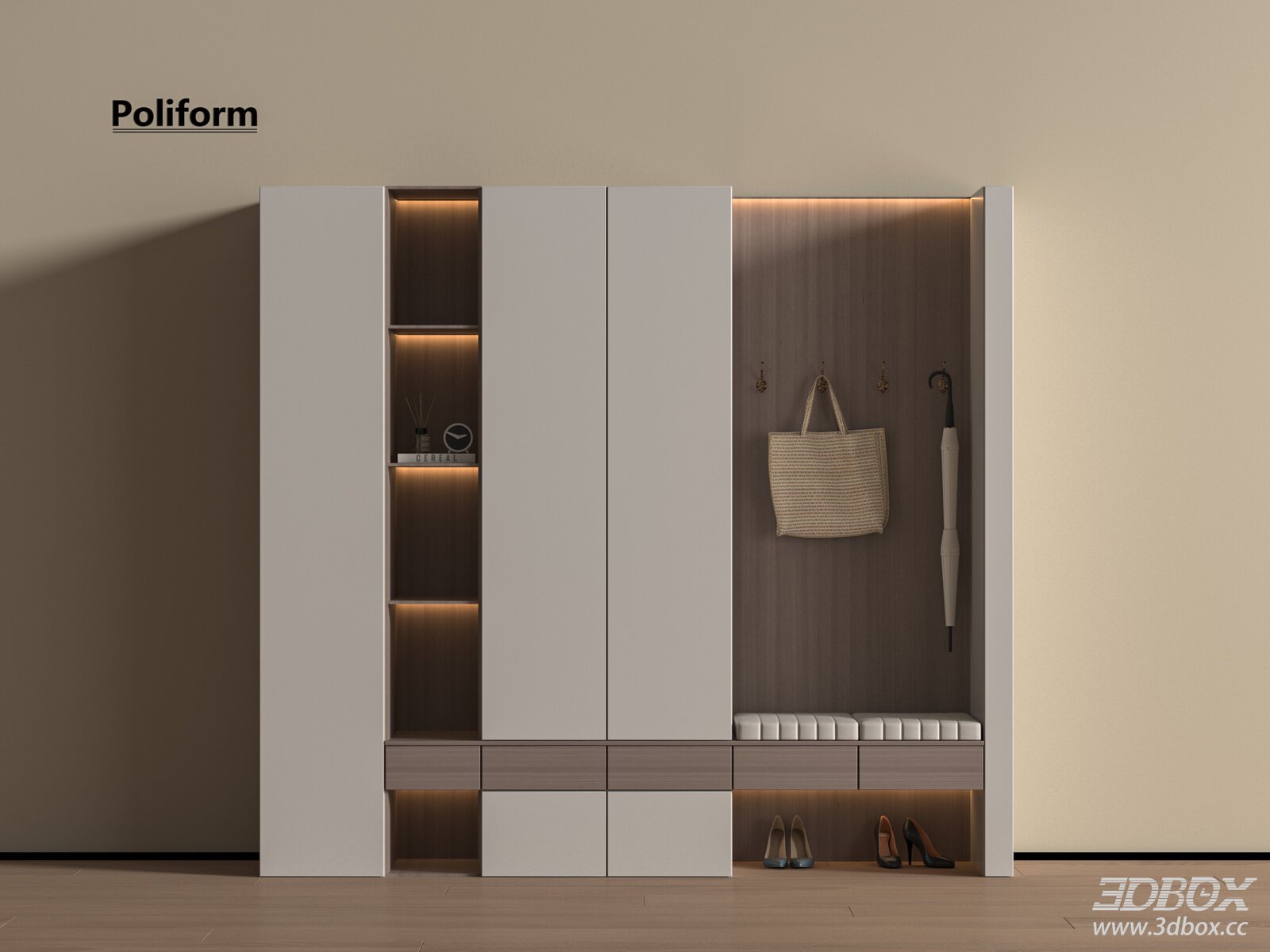 Modern Hallway Shoe Cabinet with LED Lighting and Bench