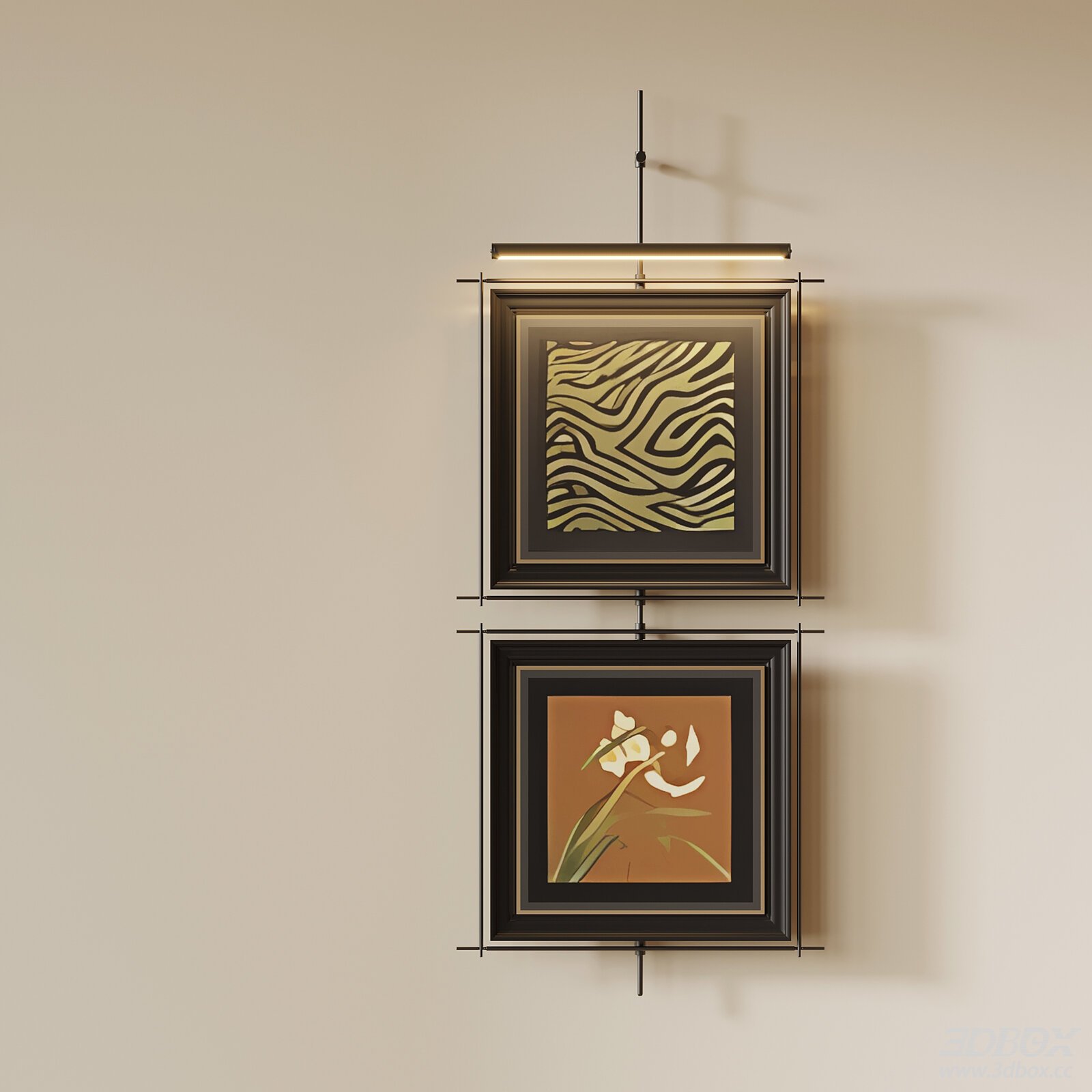 French Vintage Framed Wall Art Set with Wall Lamp