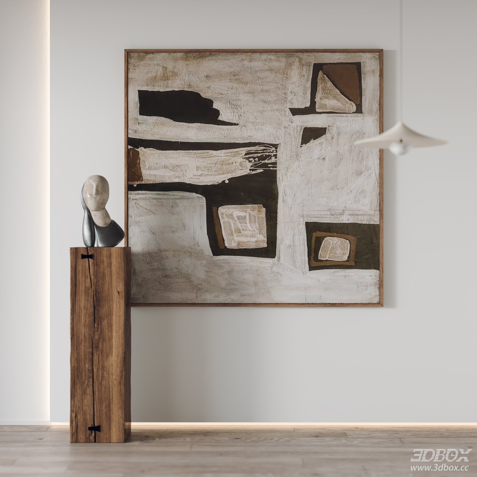 Abstract Framed Wall Art with Sculpture and Wooden Pedestal