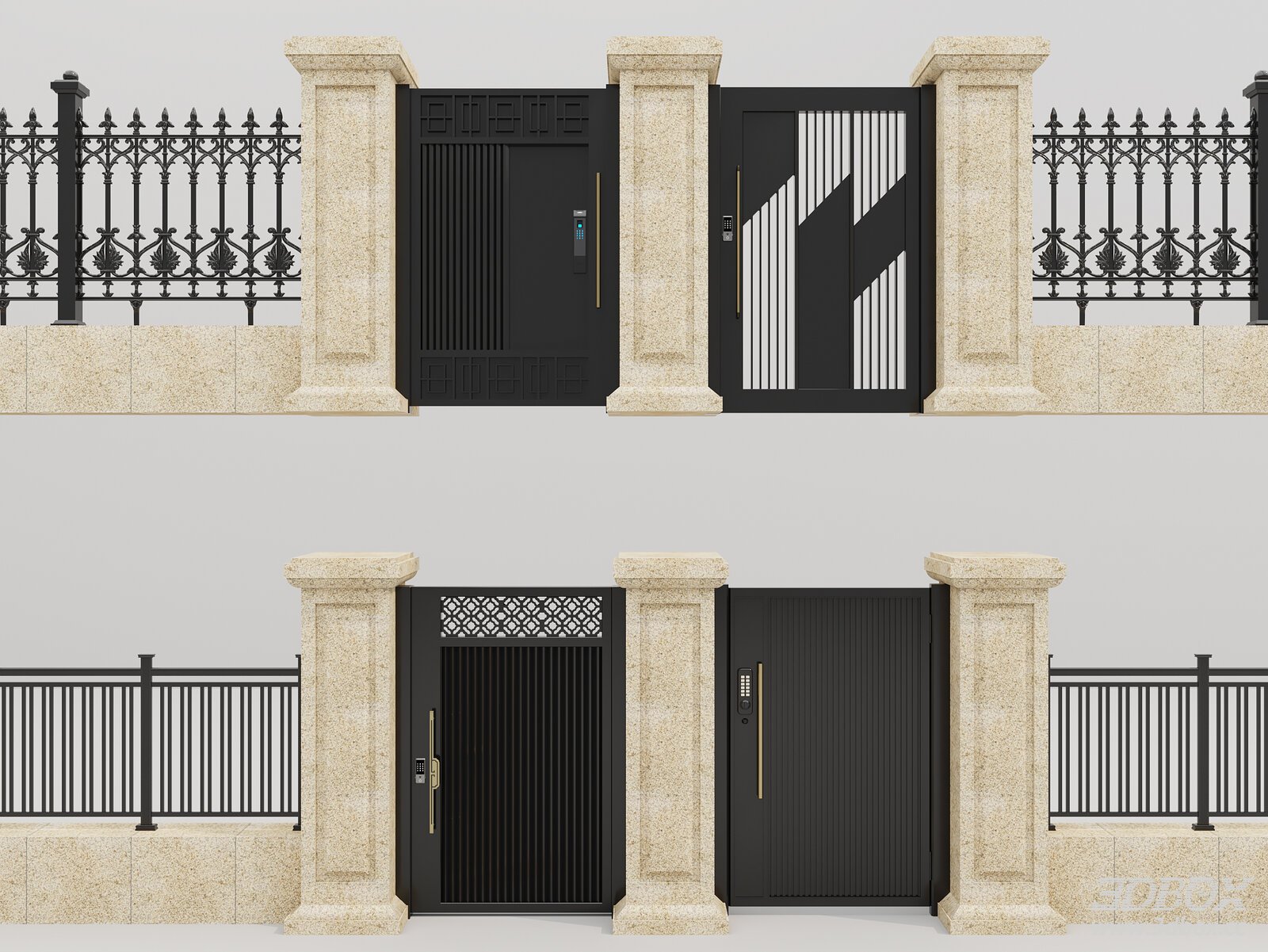 Modern Villa Entrance Gates with Stone Pillars and Fences