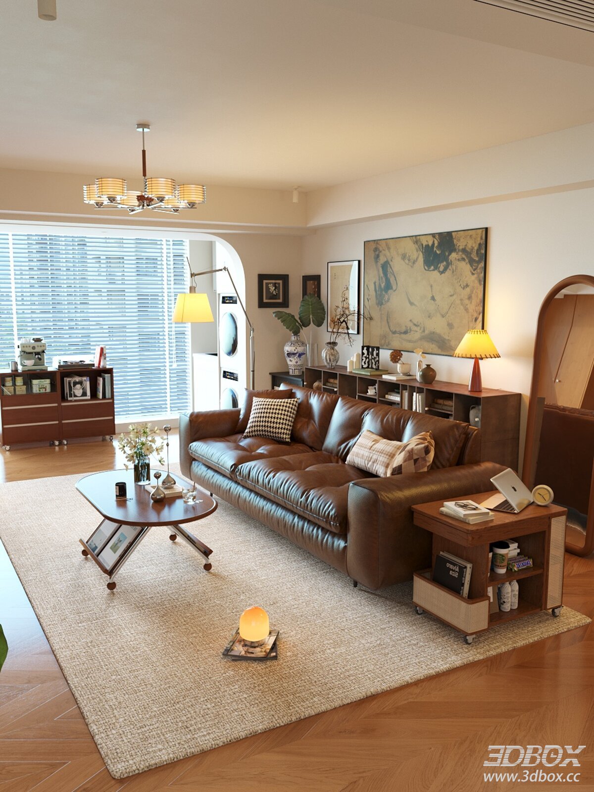 Mid-Century Modern Cozy Living Room with Leather Sofa