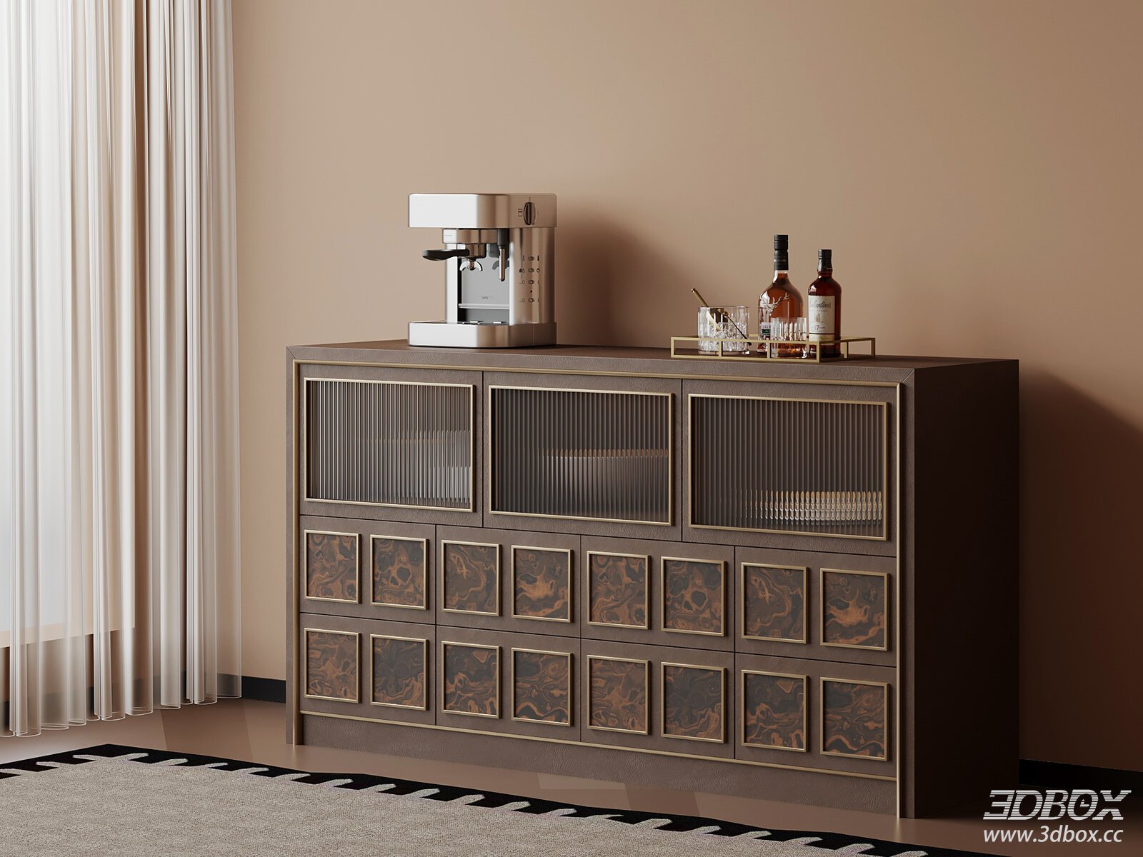 Mid-century Modern Sideboard with Glass Doors and Brass Trim