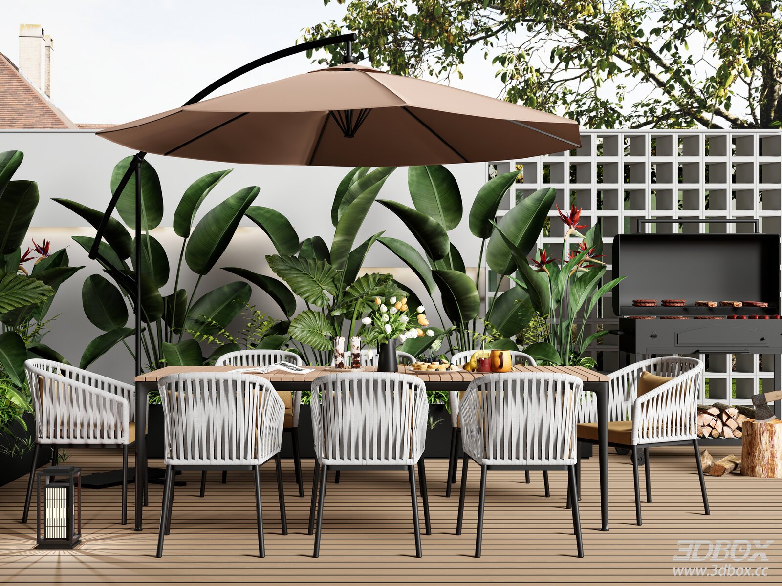 Modern Outdoor Patio Dining Set with Barbecue and Plants