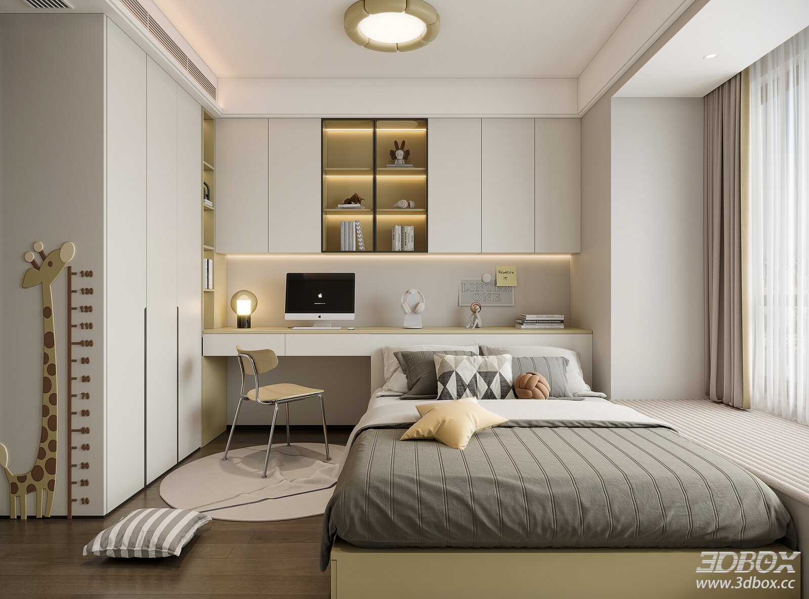 Cream Style Minimalist Bedroom with Tatami Bed and Study Nook