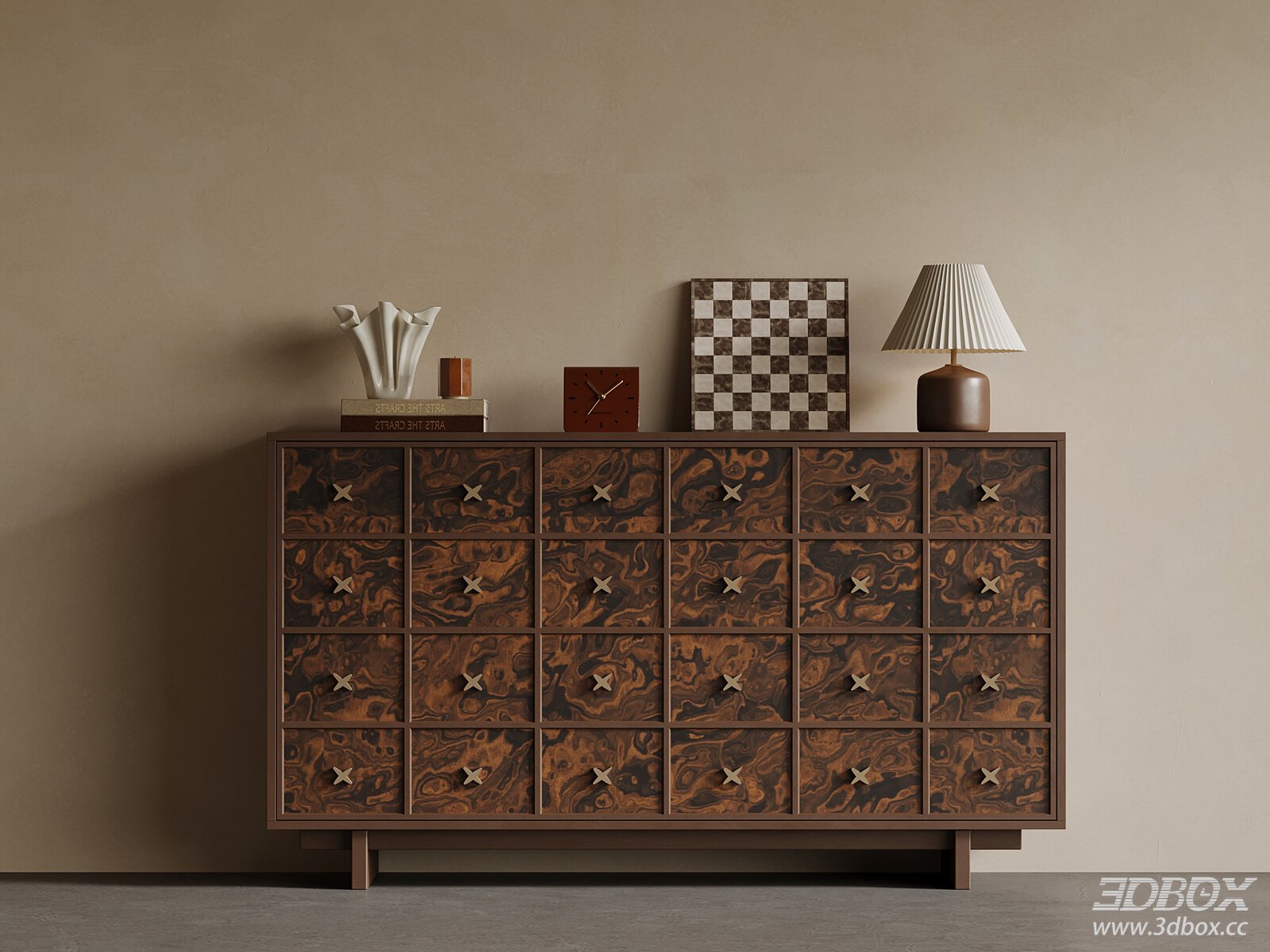 Mid-century Wooden Sideboard with Drawers and Decor