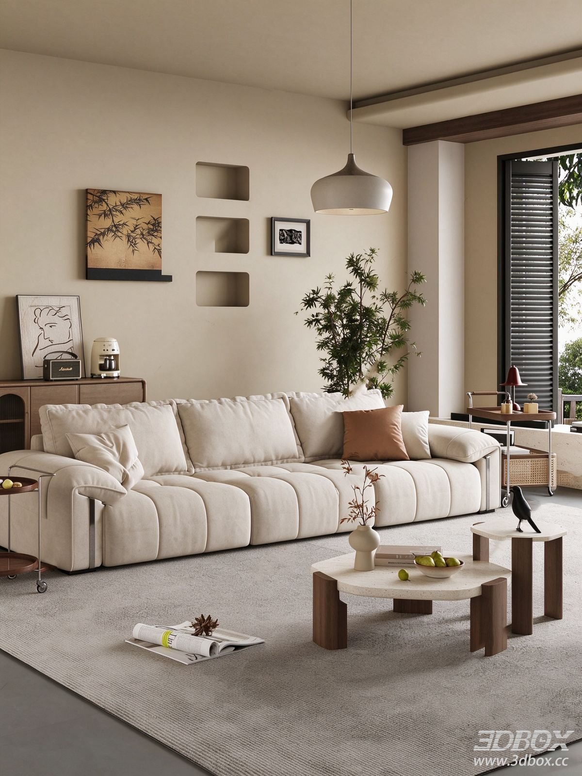 Modern Minimalist Beige Fabric Living Room Scene