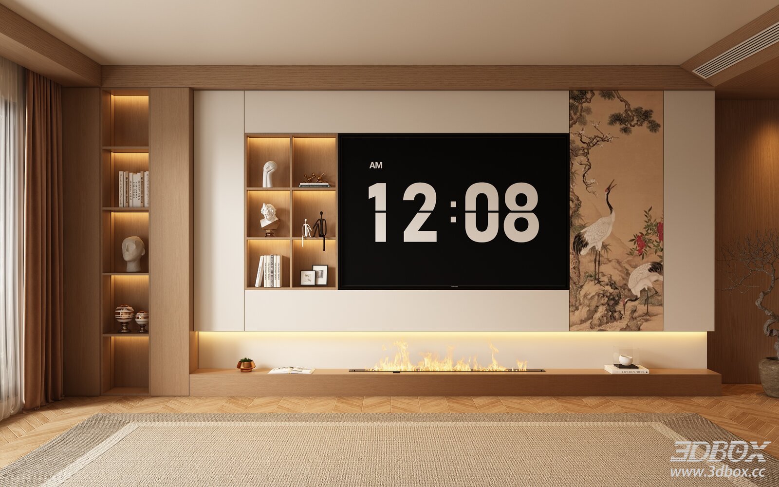 New Chinese Style TV Wall with Built-in Shelf and Fireplace