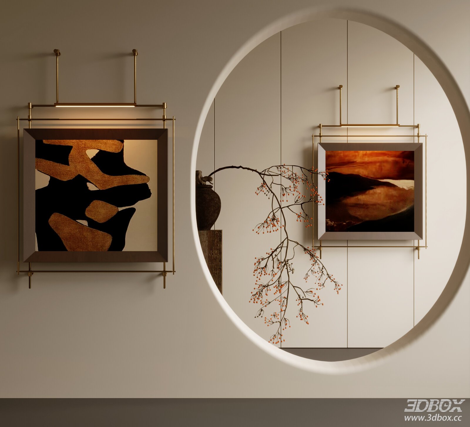 Vintage Framed Abstract Wall Art Set with Brass Wall Lamp