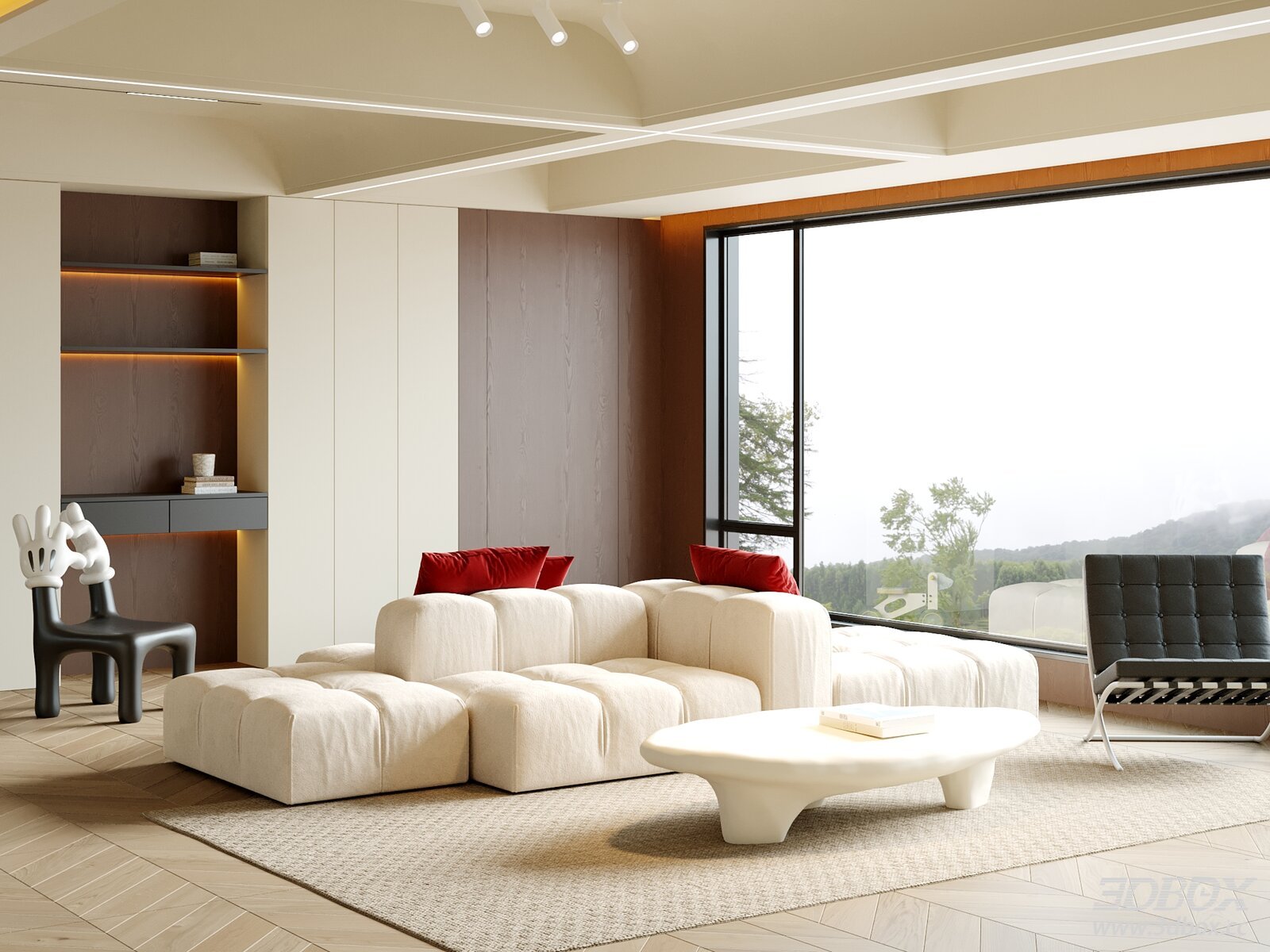 Modern Cream Mid-century Living Room Interior Scene
