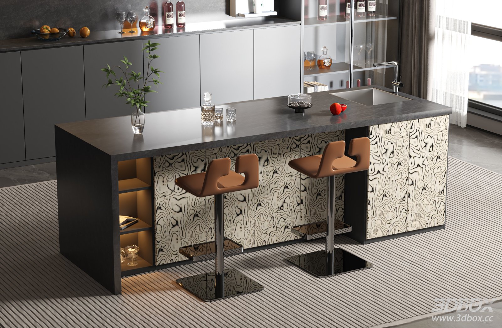 Modern Italian Style Kitchen Island Bar Counter with Stools