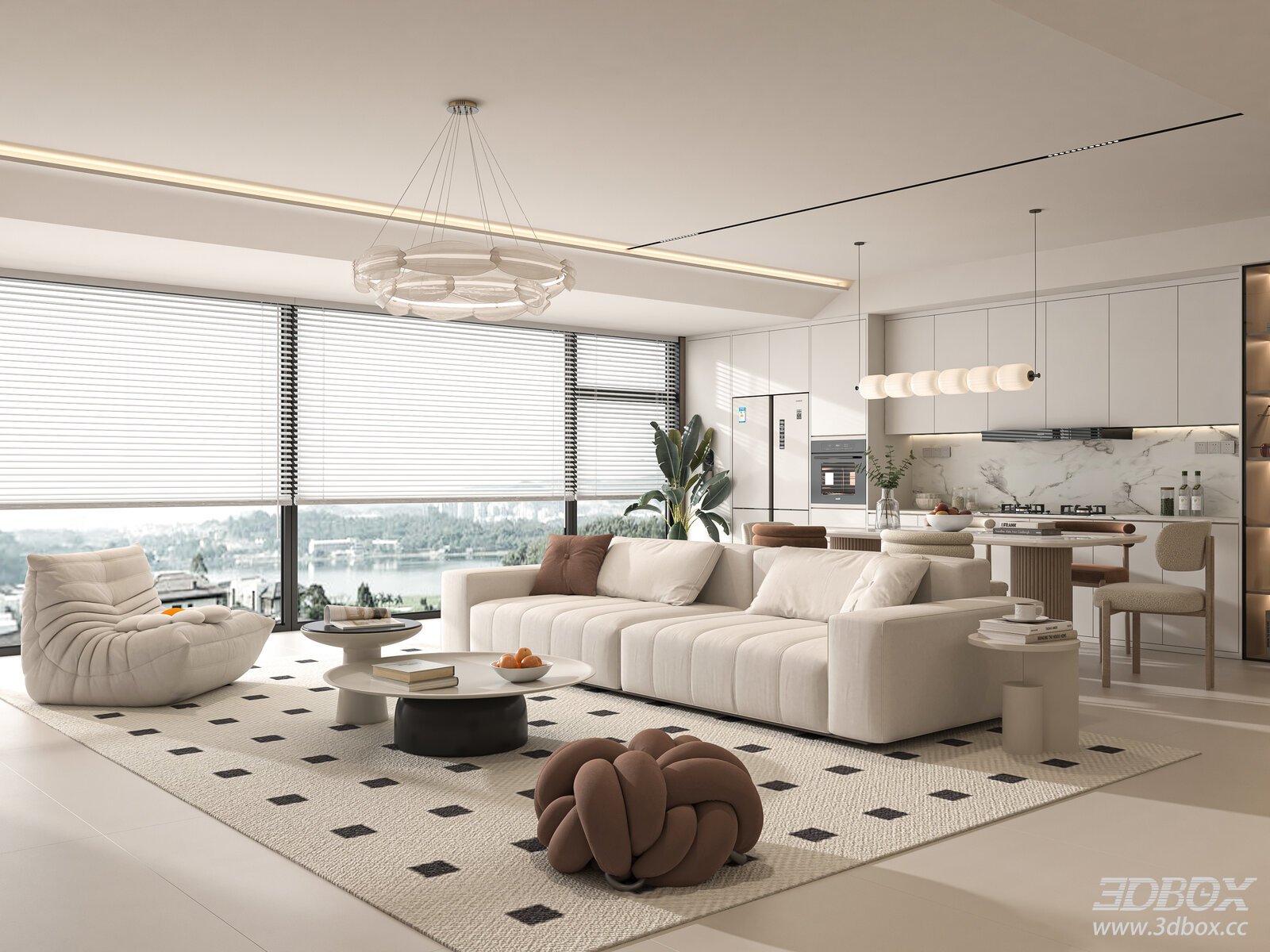 Modern Cream Style Living and Dining Room Interior