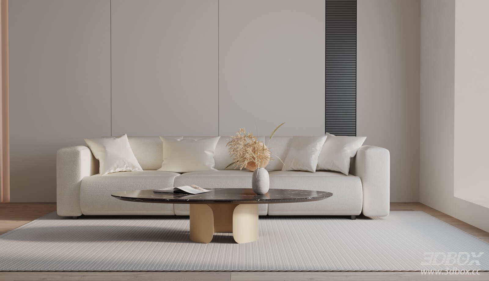 Modern Minimalist Living Room with Fabric Sofa and Marble Coffee Table