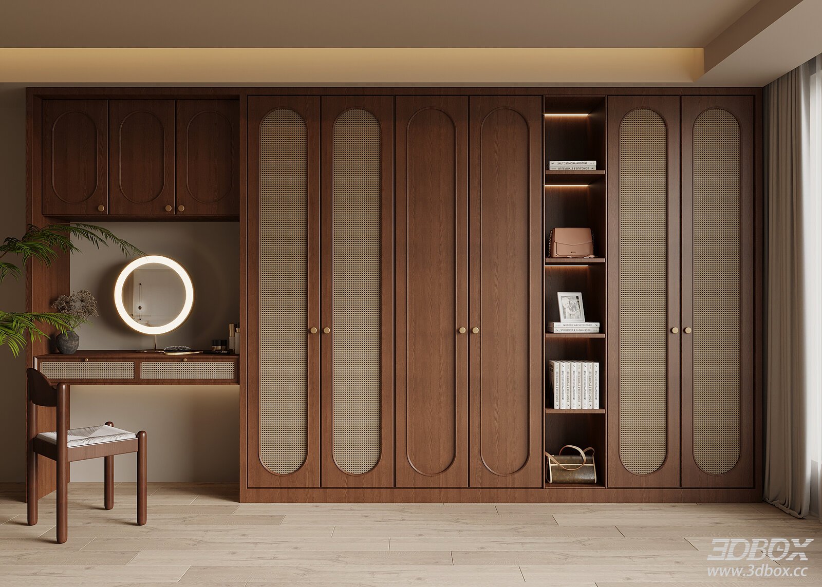 Mid Century Walnut Rattan Wardrobe with Dressing Table