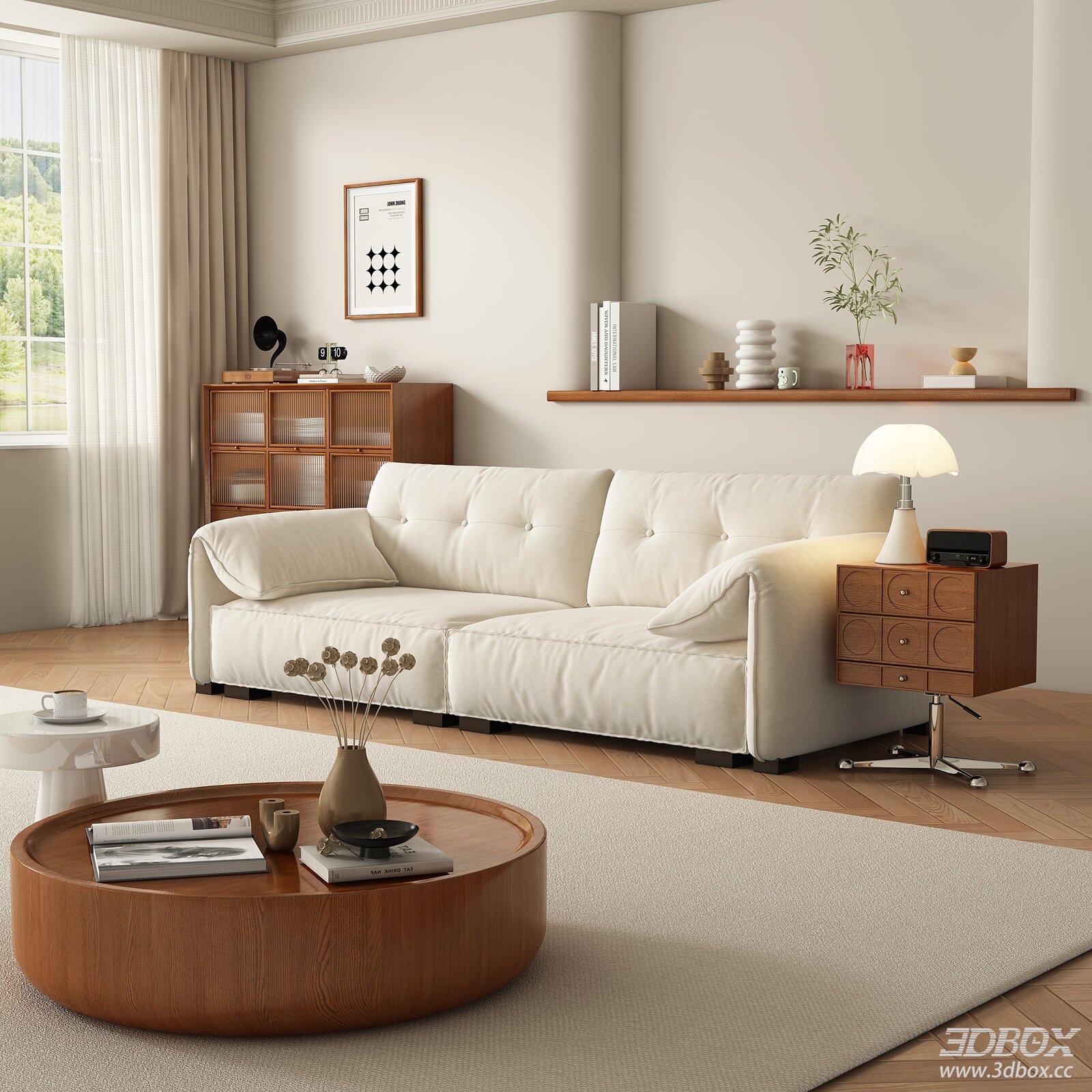 Wabi Sabi Cream Style Living Room With Fabric Sofa