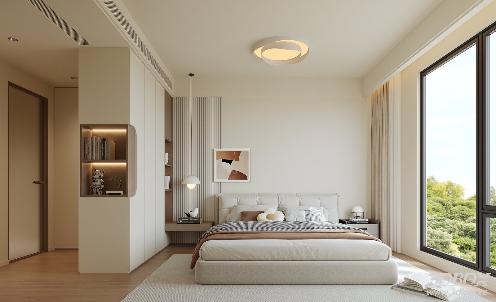 Modern Cream Style Minimalist Bedroom Interior Scene