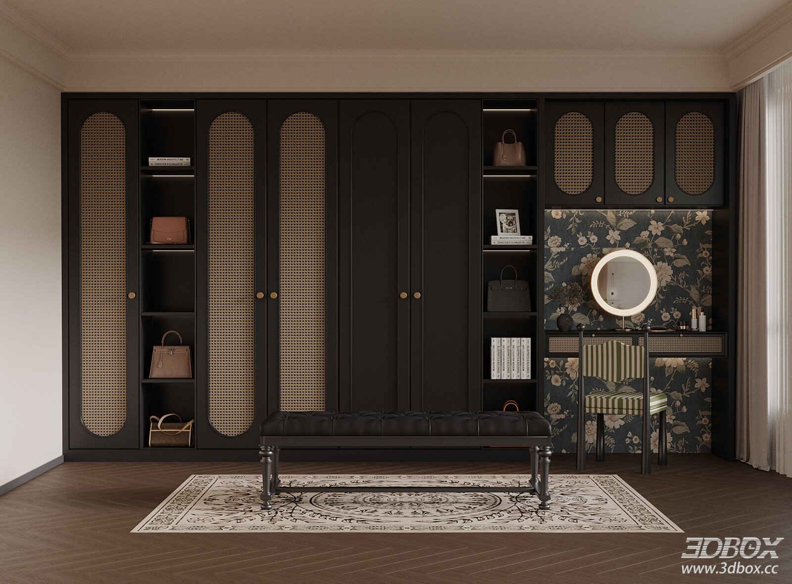 French Style Luxury Dressing Room with Rattan Wardrobe Vanity