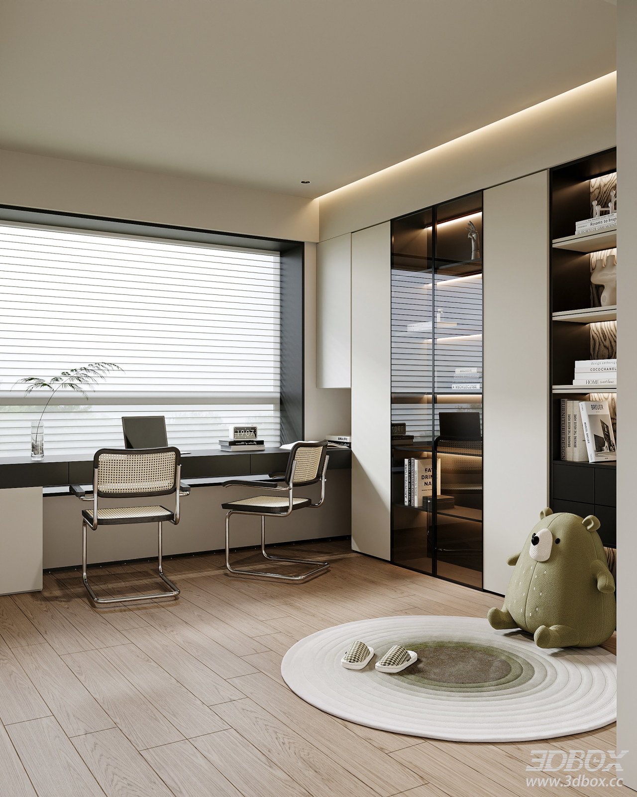 Modern Minimalist Study Work Room Interior Scene