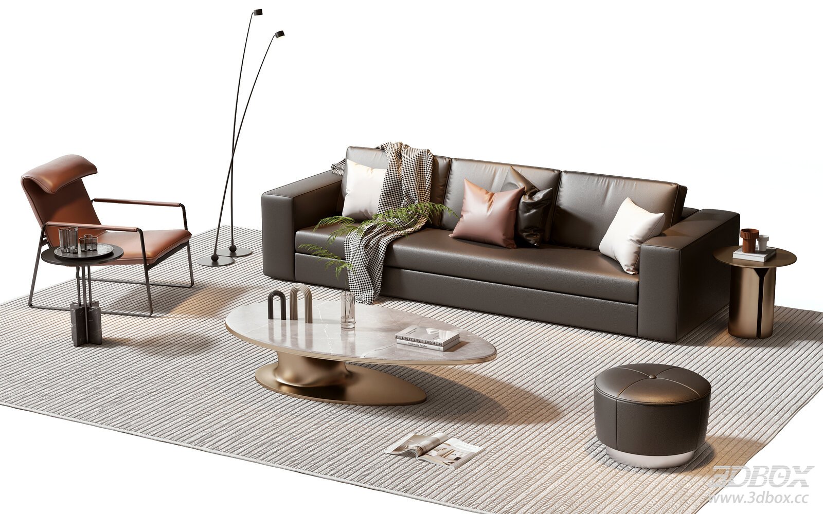 Modern Leather Sofa Set with Marble Coffee Table and Armchair
