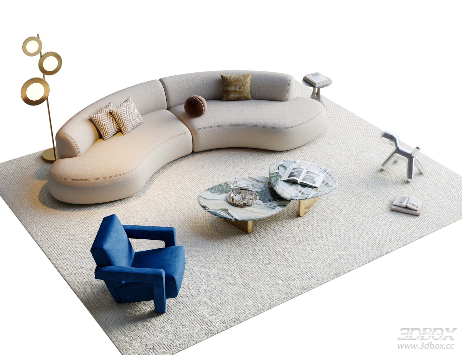 Modern Curved Sofa Set with Marble Coffee Tables and Armchair