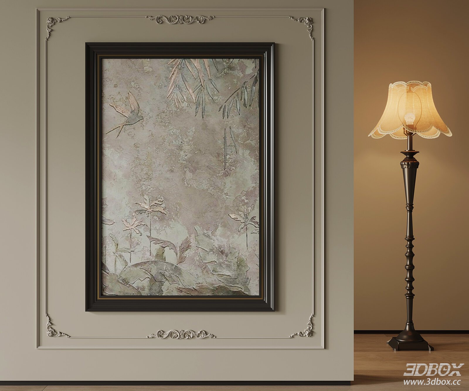 French Vintage Decorative Painting and Floor Lamp Set