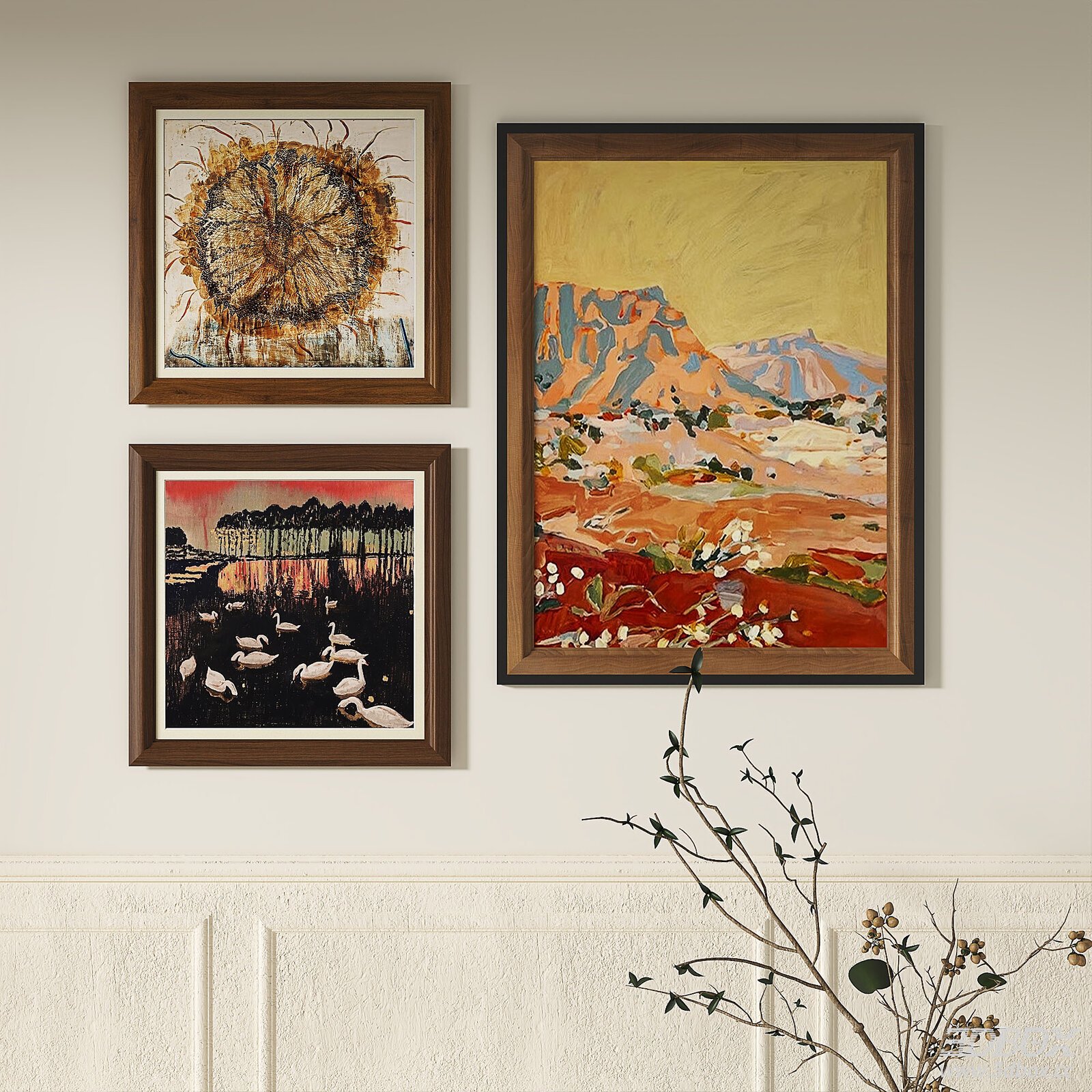 Vintage French Style Decorative Wall Painting Set Wooden Frame