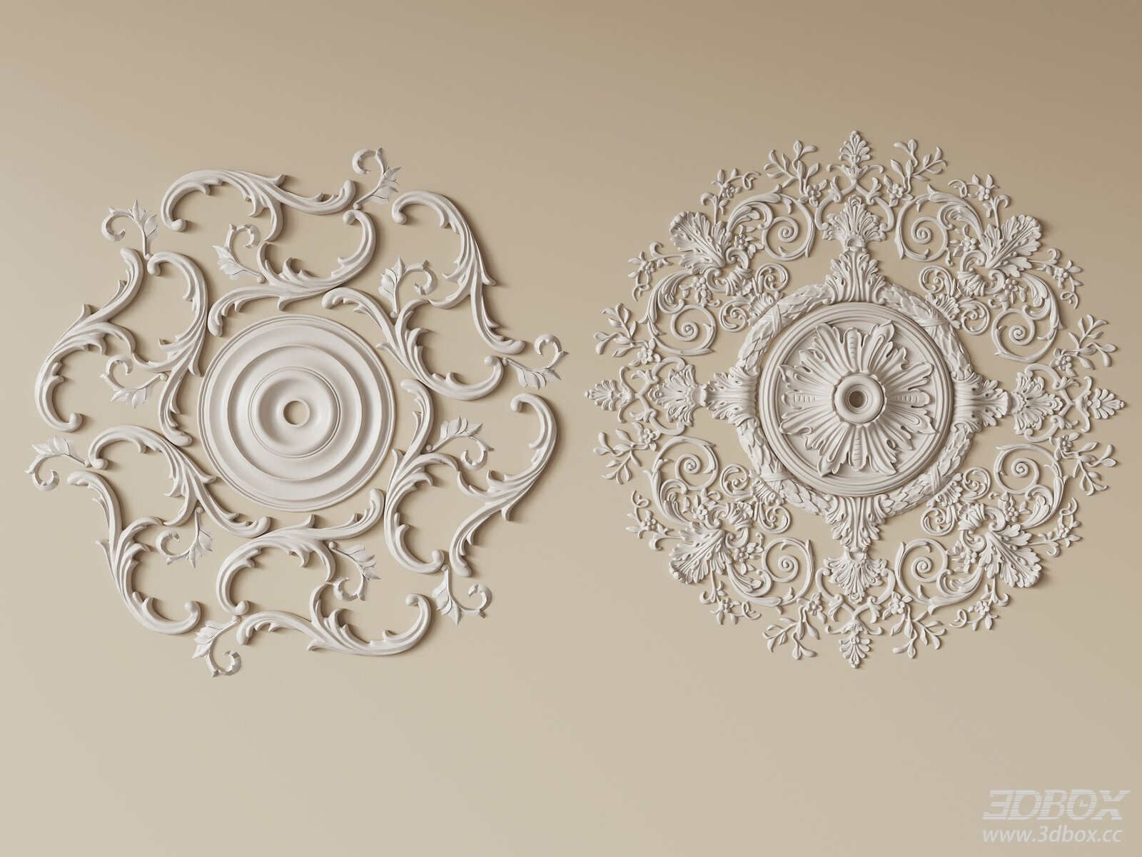 French Style Carved Plaster Ceiling Rosette Set