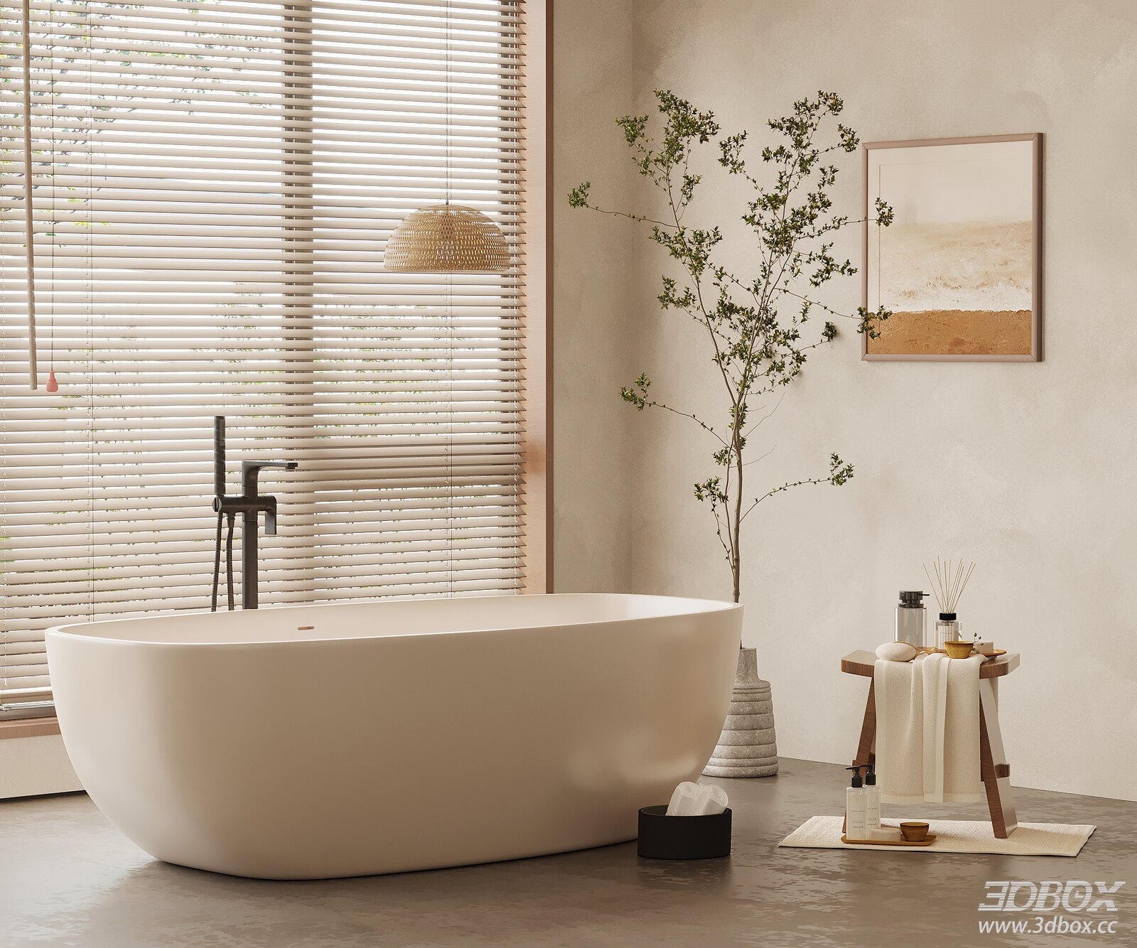Wabi Sabi Style Bathroom Scene With Freestanding Bathtub