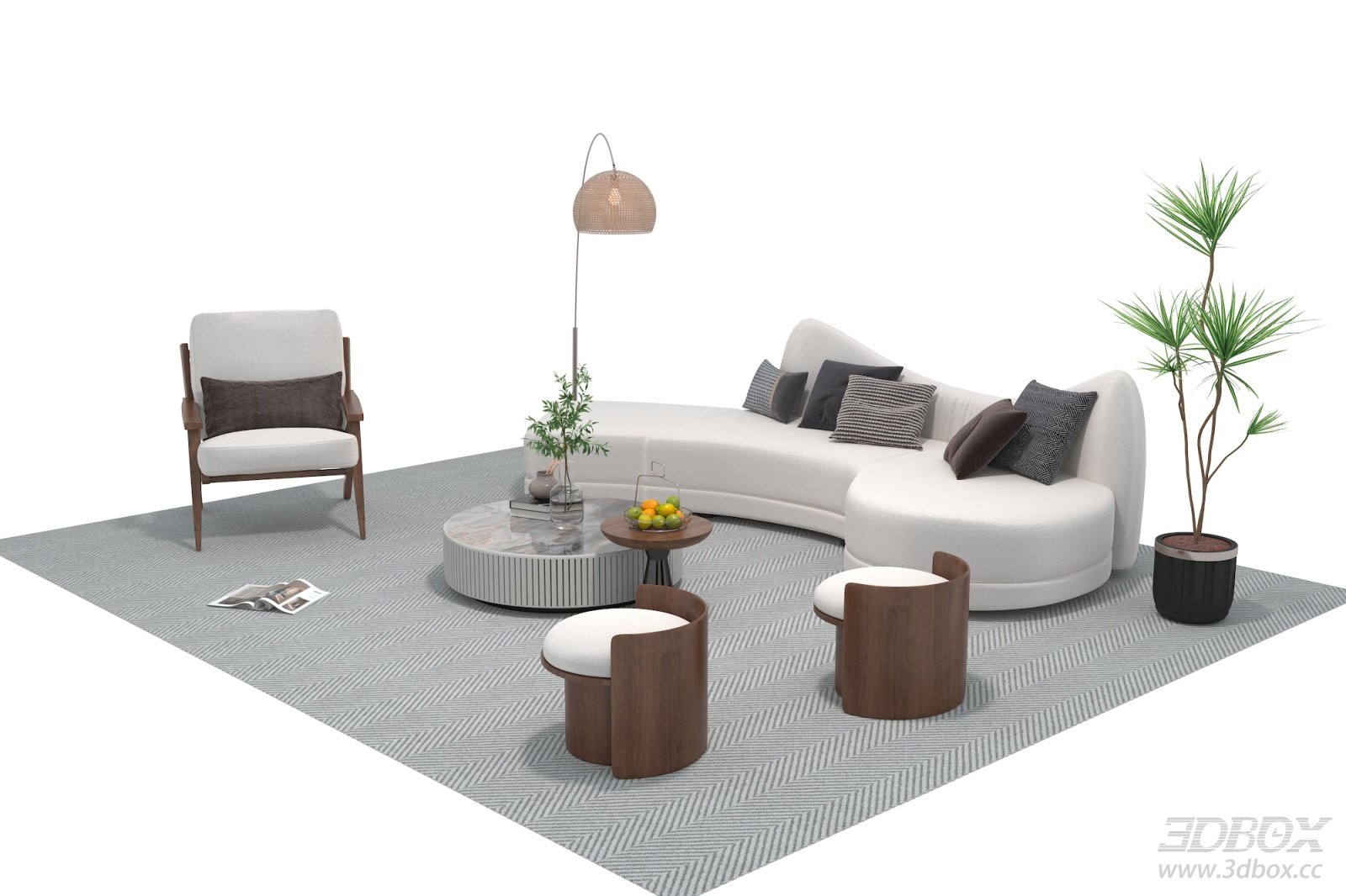 Modern Curved Fabric Sofa Set with Coffee Table and Armchairs