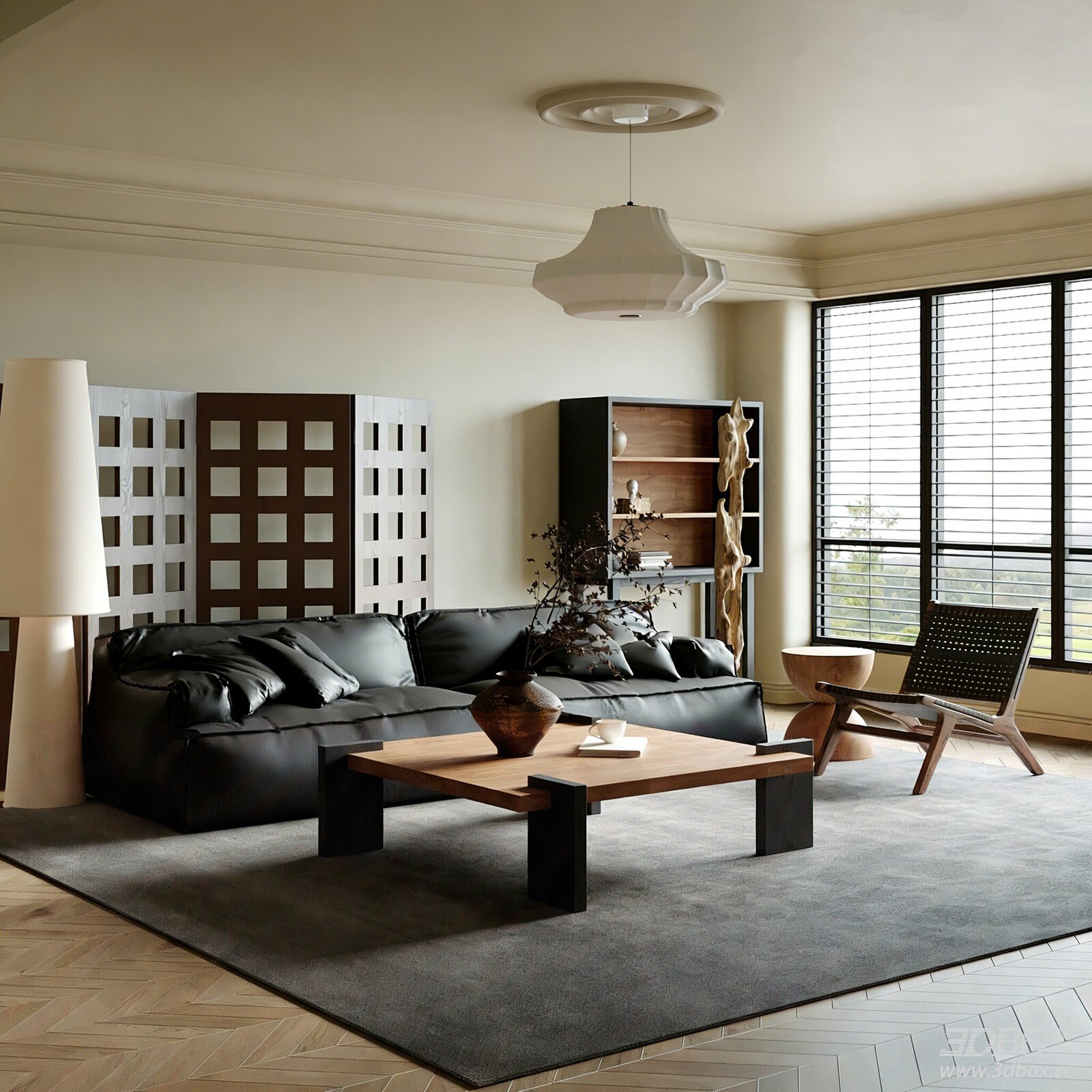 French Vintage Style Living Room with Leather Sofa and Coffee Table